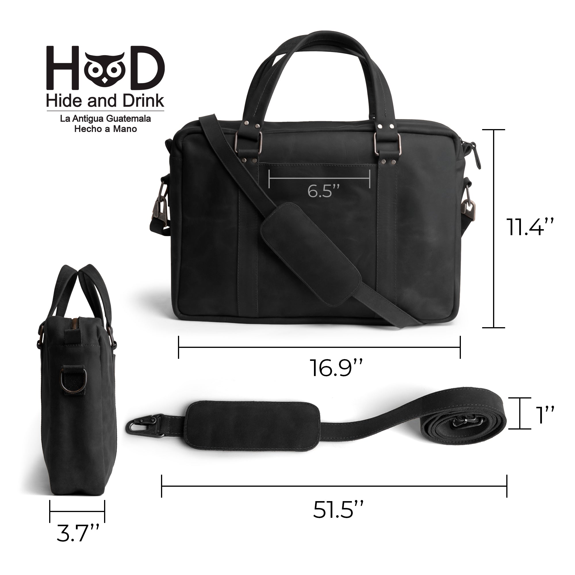 Illustrating the dimensions of the Classic Leather Briefcase by Hide & Drink, this versatile bag is made from high-quality Full Grain Leather. With an adjustable shoulder strap and water resistant canvas lining, it is perfect for transporting a laptop. This artisan briefcase, handmade in La Antigua Guatemala, reflects dedication to small batch production.