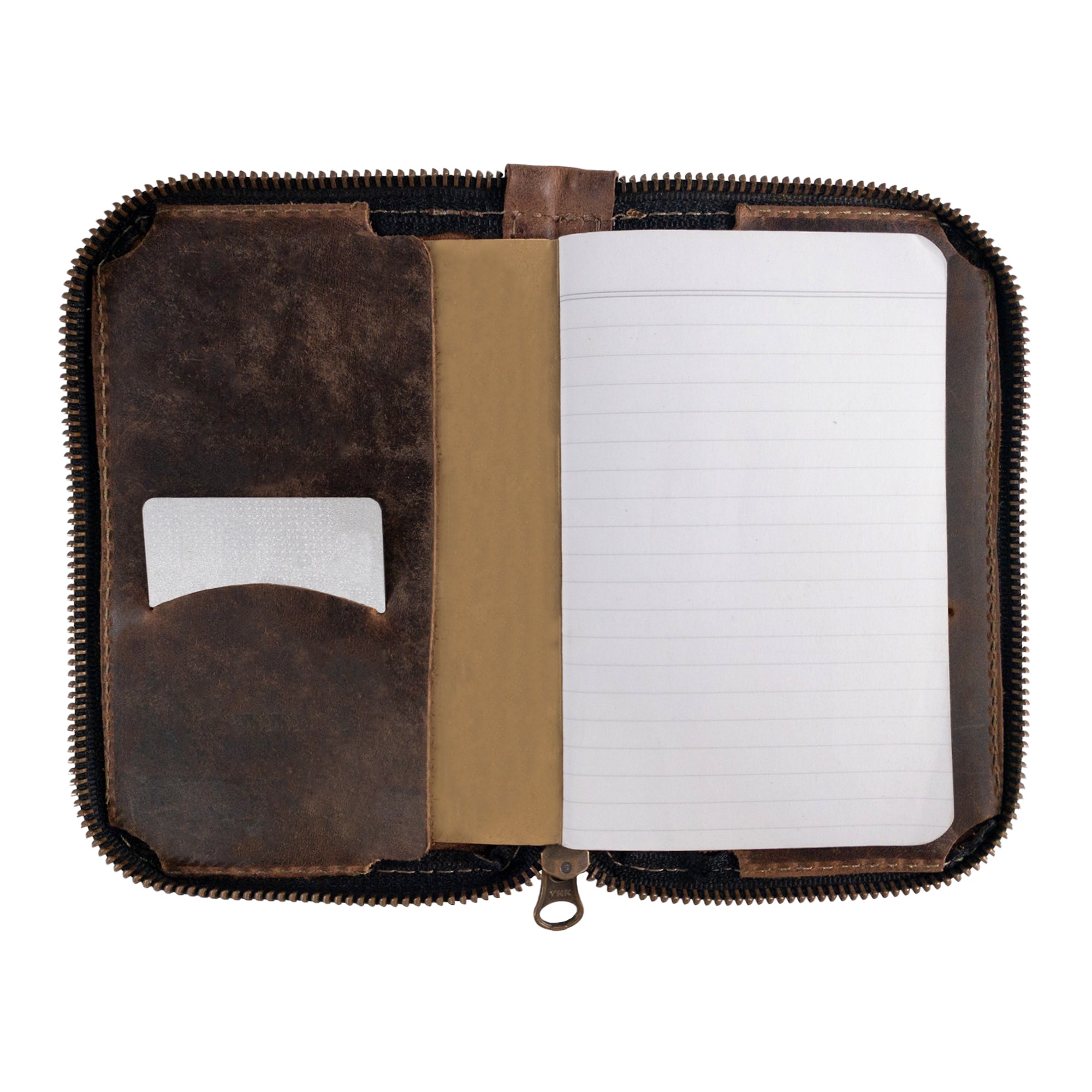 Interior view of Hide & Drink's Zippered Journal Cover for Moleskine (Notebook NOT Included), featuring a compartment for cards and a lined pad. Made from full grain leather, highlighting artisan workmanship from La Antigua Guatemala.