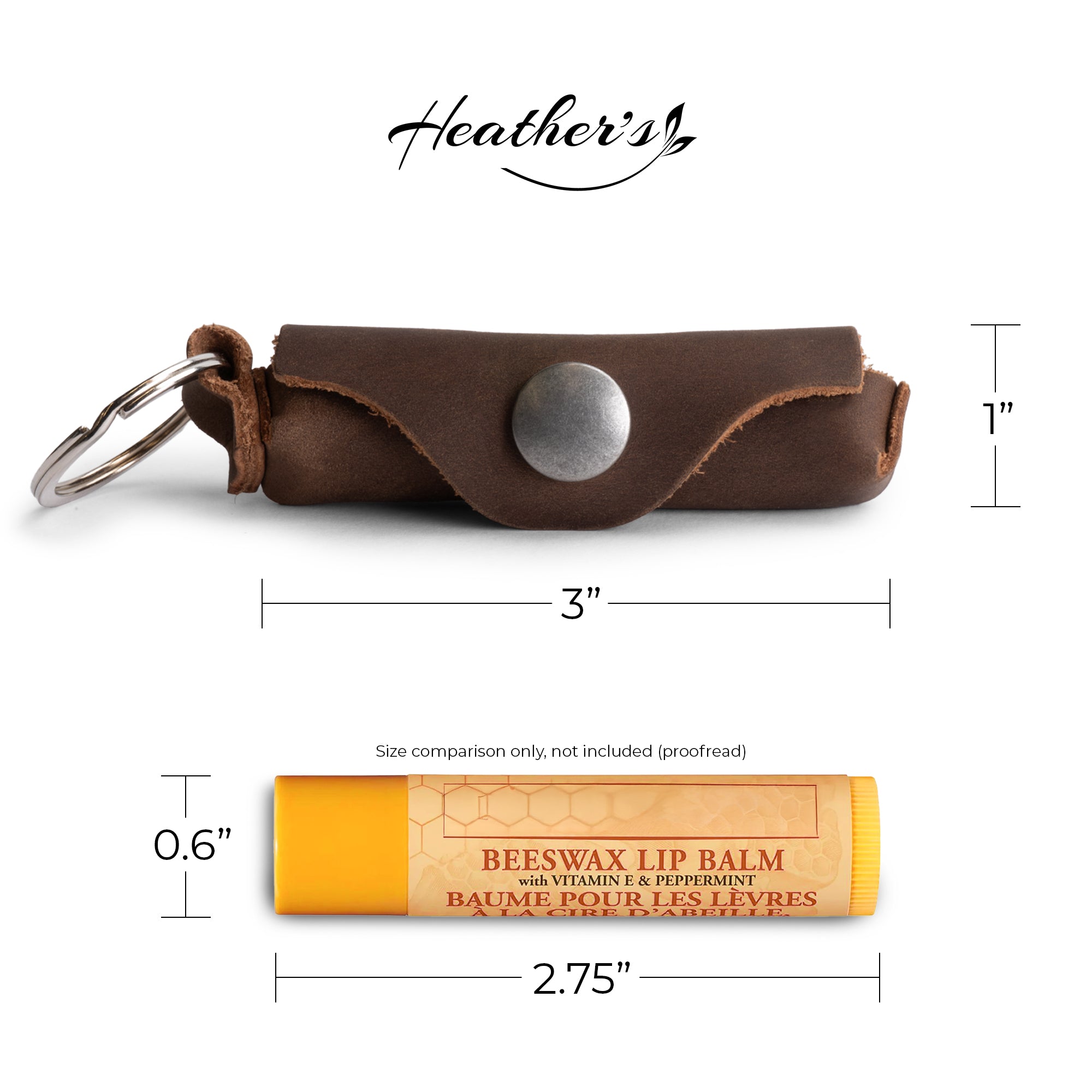 Heather's Lip Balm Keychain - A size comparison for the Lip Balm Keychain showcasing its dimensions alongside a standard lip balm. This handmade Full Grain Leather holder is perfect for carrying essential lip protection while traveling, reflecting artisan craftsmanship in small batch production from La Antigua Guatemala.