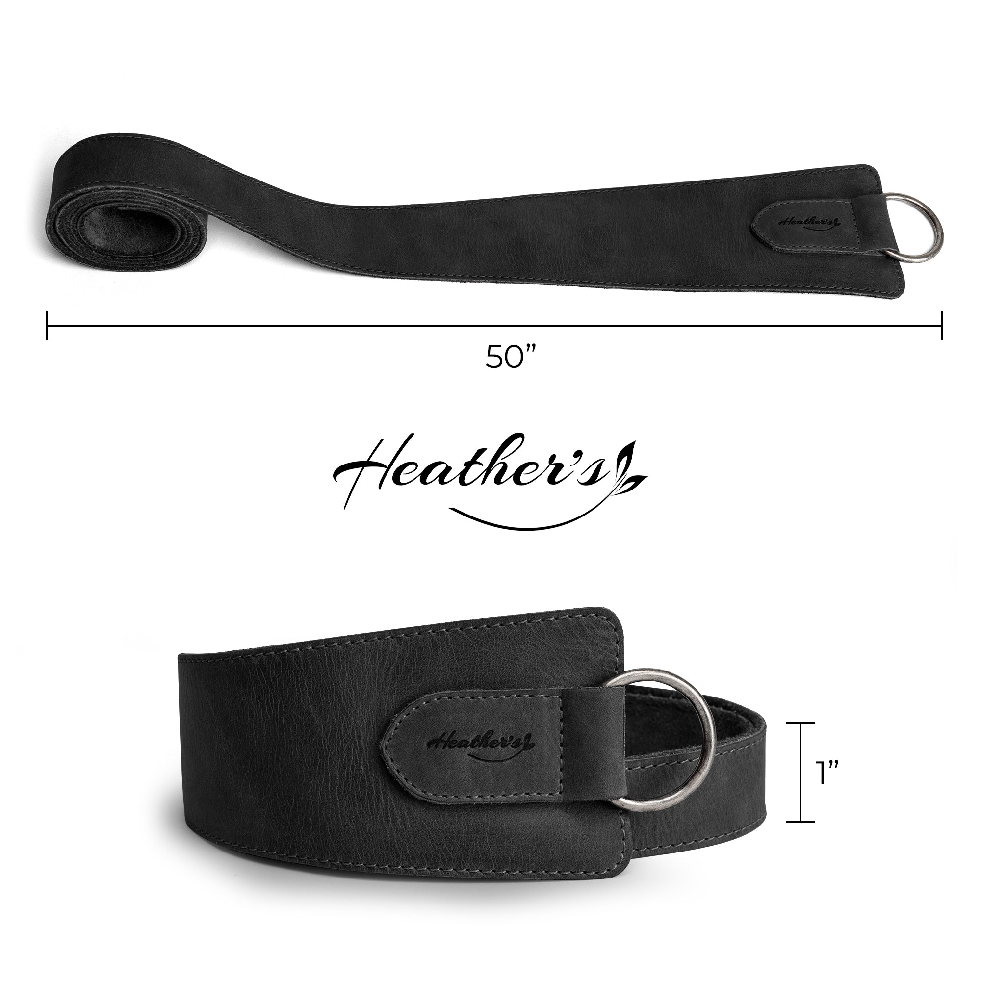 Heather's Formal Belt for Women with Ring, measuring 50 inches and finished in black. This artisan-made Full Grain Leather waist strap is perfect for wearing as a belly accessory, highlighting the brand's small batch production techniques in La Antigua Guatemala.