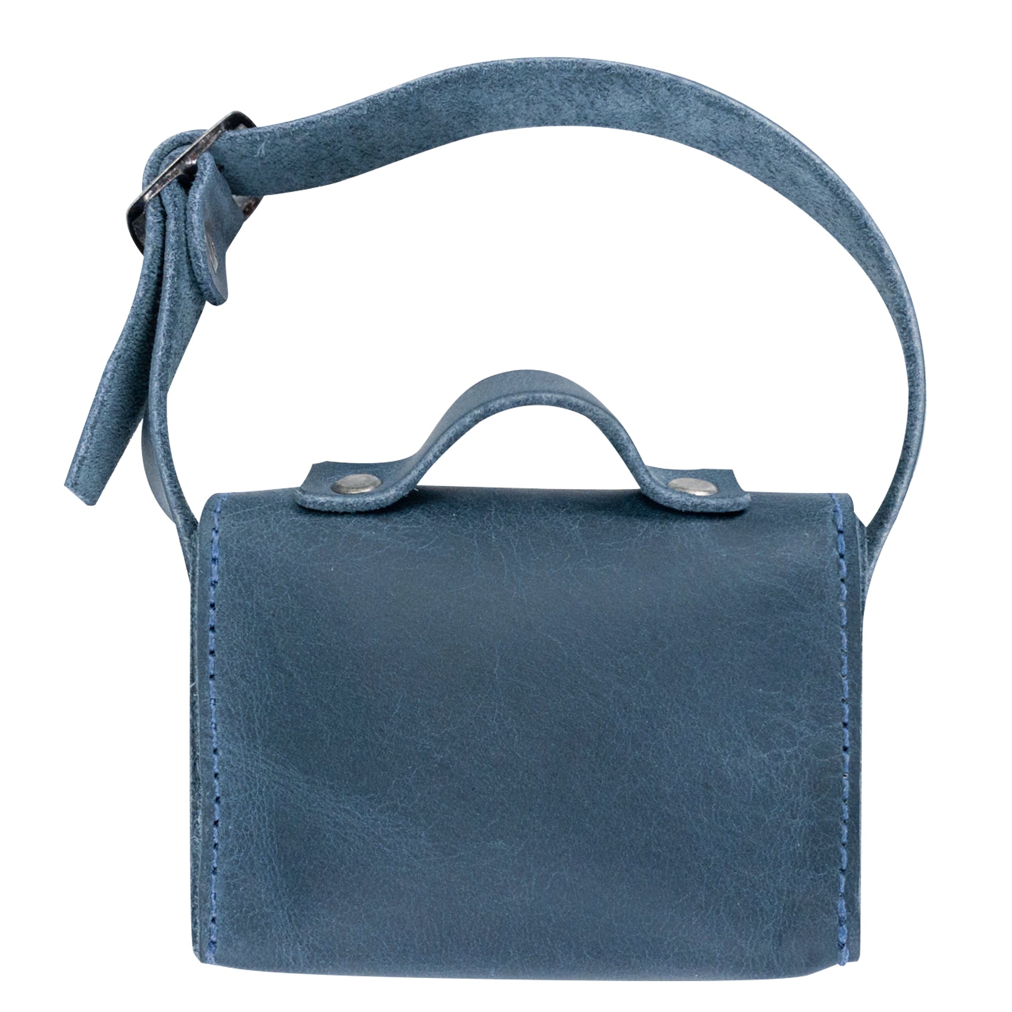 Back view of the deep blue Tiny Messenger Bag by Hide & Drink, emphasizing its stylish details in Full Grain Leather. This Mini Messenger Bag Charm serves as both a keychain for everyday use and a charming handbag accessory, handmade in La Antigua Guatemala.