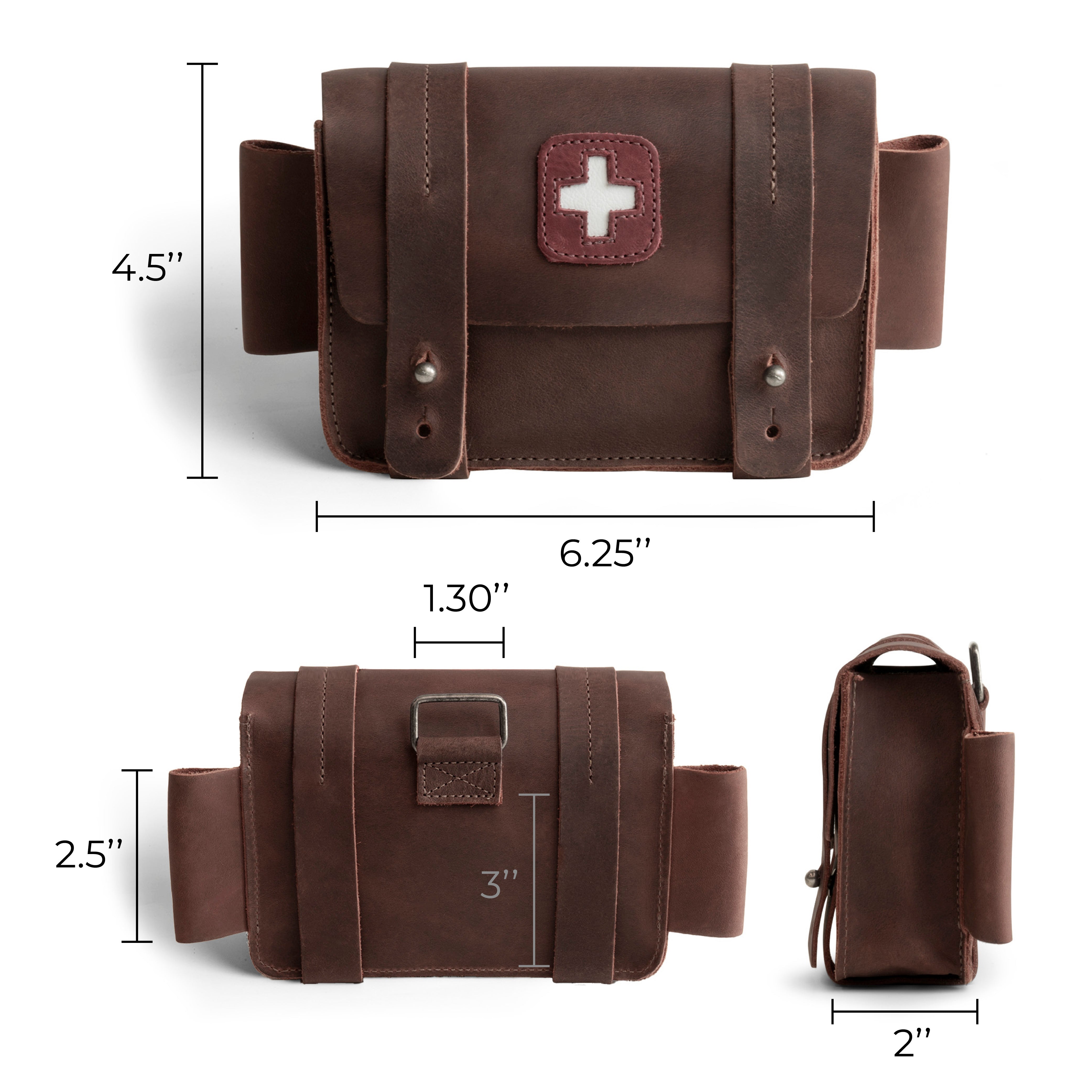 Detailed dimensions of Hide & Drink's Empty First Aid Bag, Mini Medical Storage Pouch, emphasizing its compact size. Ideal for travel and home organization, this Empty First Aid Bag is crafted from Full Grain Leather and showcases high-quality, hand cut, and fire branded details by artisans in La Antigua Guatemala.
