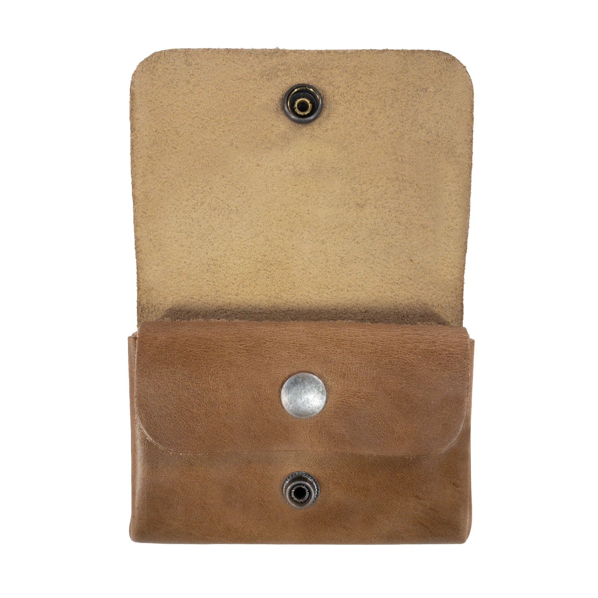 Front view of the brown Leather Double Pouch Card Wallet by Hide & Drink, showcasing its rustic texture. This Leather Double Pouch Card Wallet works great as a card organizer, cash holder, and coin pouch, perfect for men and women, handmade in La Antigua Guatemala & Oaxaca Mexico.