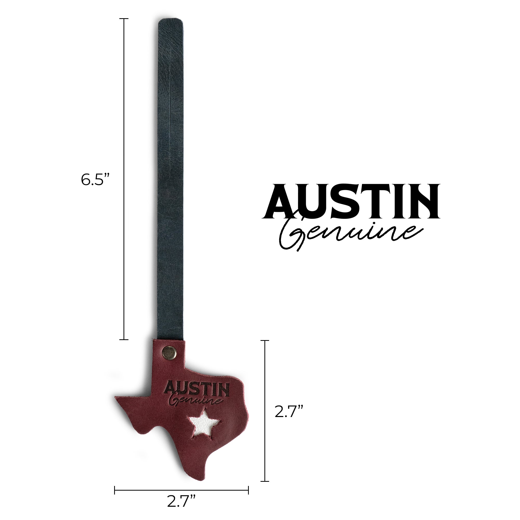 Bag Charms by Austin Genuine displays a Texas charm with dimensions. This Austin Genuine Bag Charm showcases 7 unique designs made with full grain leather from StockyardX, crafted through small batch production, hand cut, hand sewn, and fire branded, artisan, handmade in La Antigua Guatemala & Oaxaca Mexico.