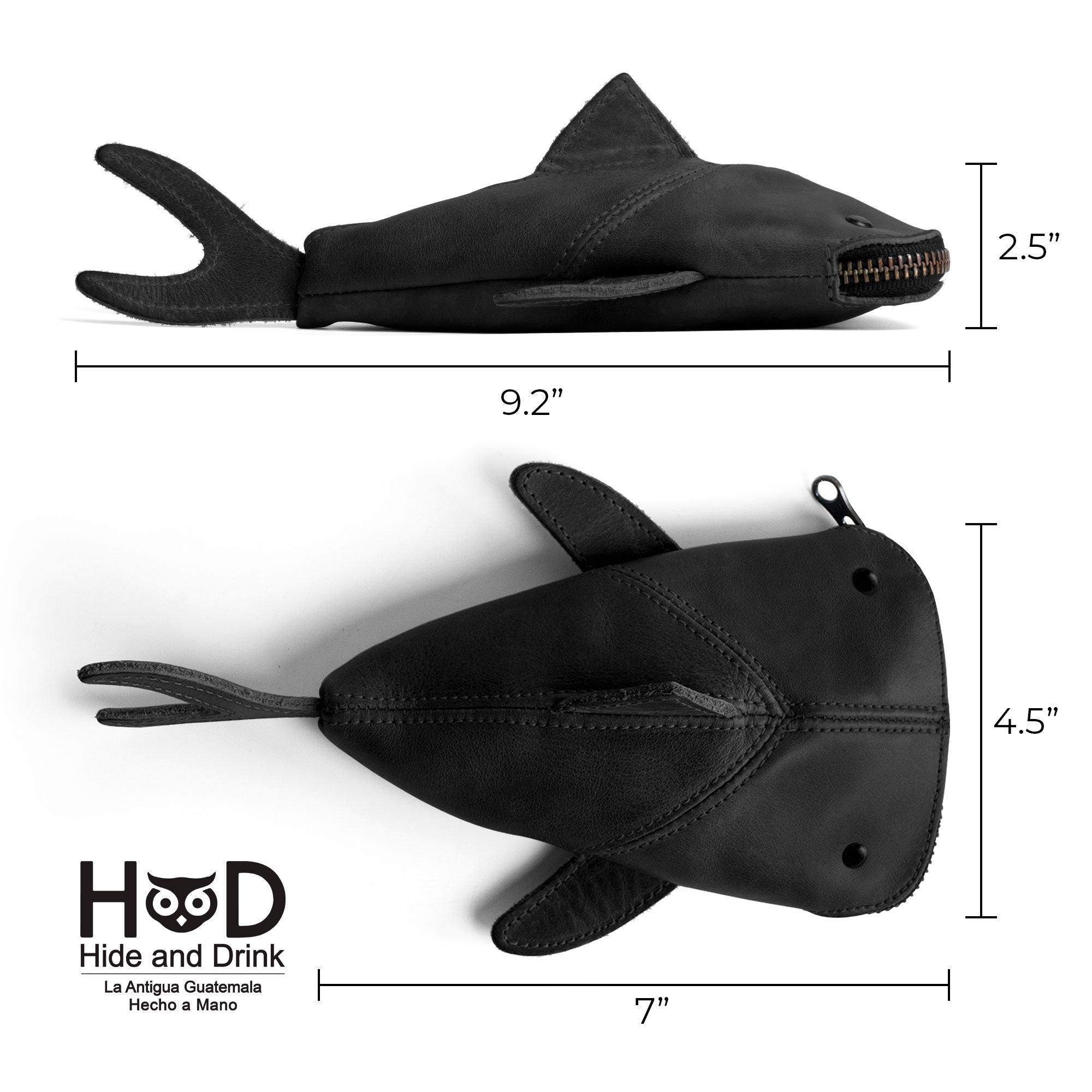 Dimensions displayed for the Leather Shark Pouch from Hide & Drink, highlighting its compact size. This zippered coin pouch is made of full grain leather and functions as a shark shaped case for various uses like a pencil purse or a cable holder. Crafted in small batches by skilled artisans in La Antigua Guatemala & Oaxaca Mexico.