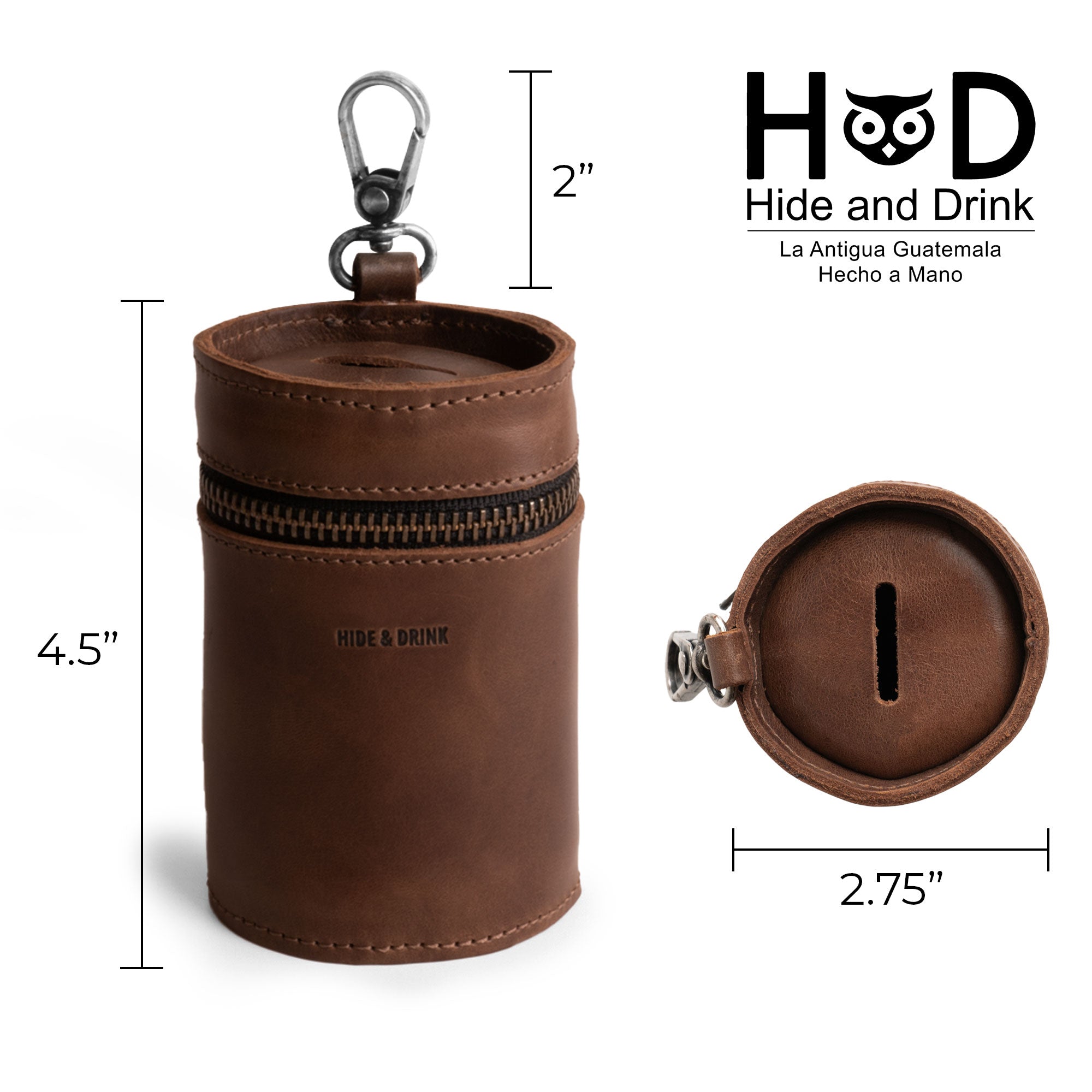 Hide & Drink's Bucket Coin Release dimensions displayed next to a full grain leather coin pouch, designed as a zippered case bank. This handmade item from La Antigua Guatemala offers a perfect blend of style and practicality for saving money.