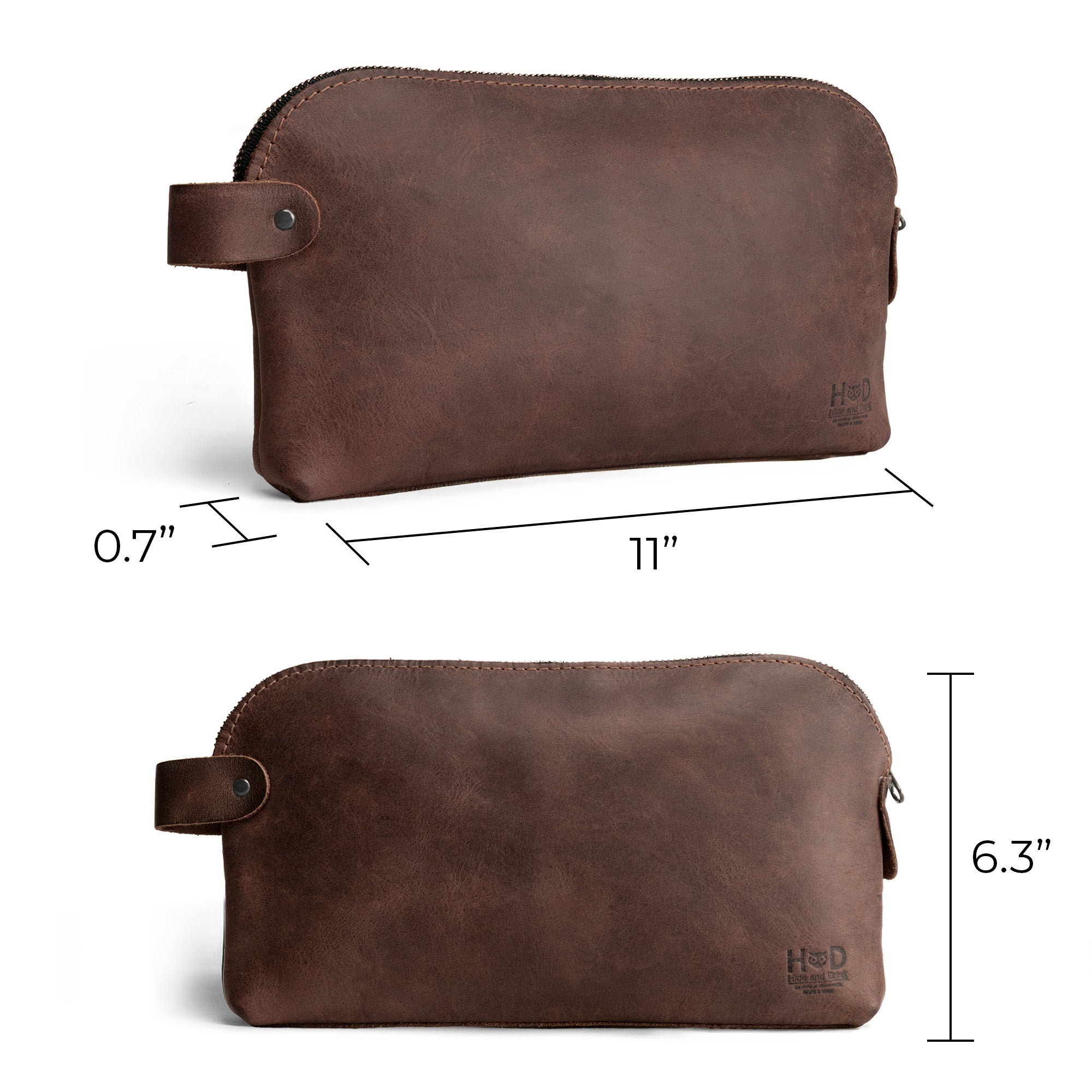 Dimensions image of the Dopp Kit Utility Bag by Hide & Drink, detailing its size and shape for an effective travel bag. This artisanal Dopp Kit Utility Bag is made from full grain leather, showcasing small batch production methods in its hand cut and hand sewn craftsmanship. Handmade in La Antigua Guatemala & Oaxaca Mexico.