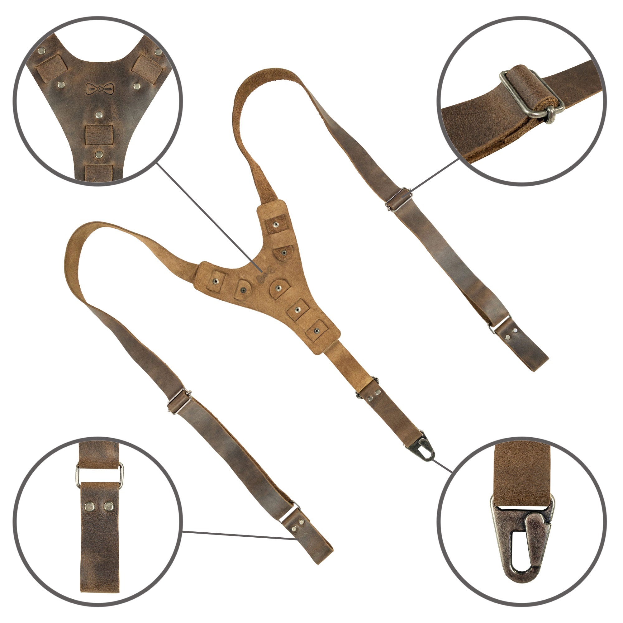 Detailed view of Rustic Y Back Suspenders from Hide & Groom, emphasizing the craftsmanship and features. Perfect for groomsmen and best men, these full grain leather suspenders combine small batch production and artisan techniques, ideal for wedding ceremonies and dinner parties.