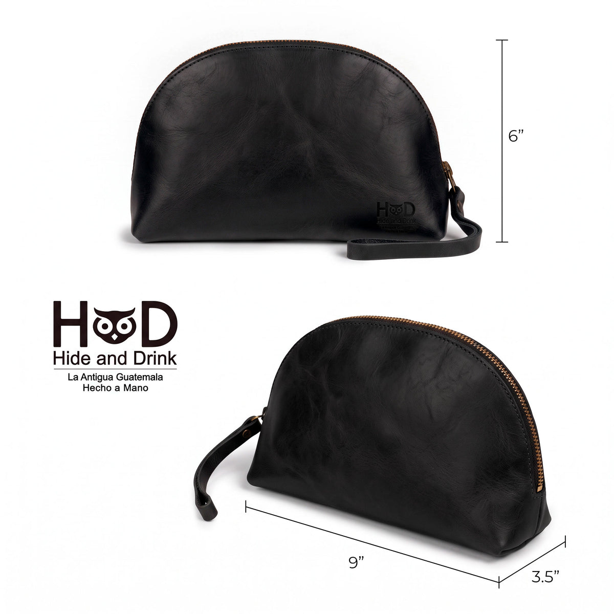 Dimensions and features of the Accessory Pouch Organizer Hand Bag by Hide & Drink, highlighting its functional design in black full grain leather. This Cosmetic Travel Organizer with Hand Strap for Women is also a reliable Makeup Bag and Classic Handbag, showcasing artisan quality from La Antigua Guatemala & Oaxaca Mexico.