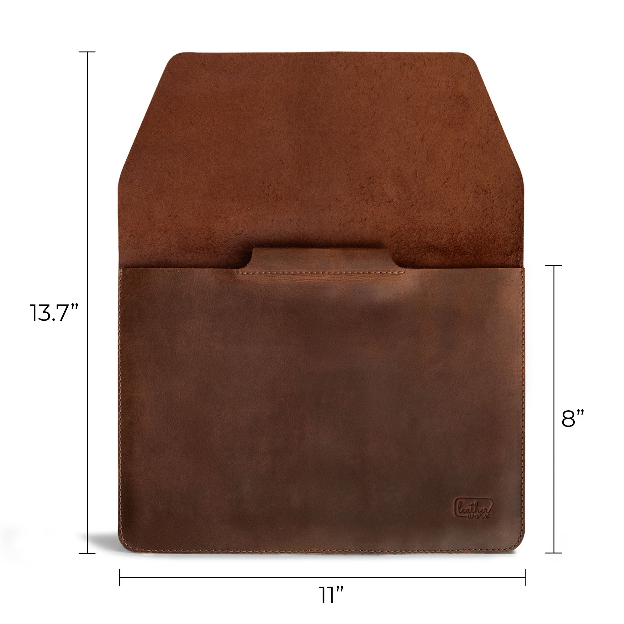 Measuring the Leather Worx Envelope 11-inch Tablet Cover, perfect for the iPad Air 11 Inch Case Leather (2024). This stylish brown leather sleeve features dimensions ideal for protecting the 5th Generation Tablet with M2 Chip. Showcasing the artisanal craftsmanship of small batch production, the envelope cover highlights hand cut and hand sewn details, made in La Antigua Guatemala & Oaxaca Mexico, making it a functional yet elegant accessory.