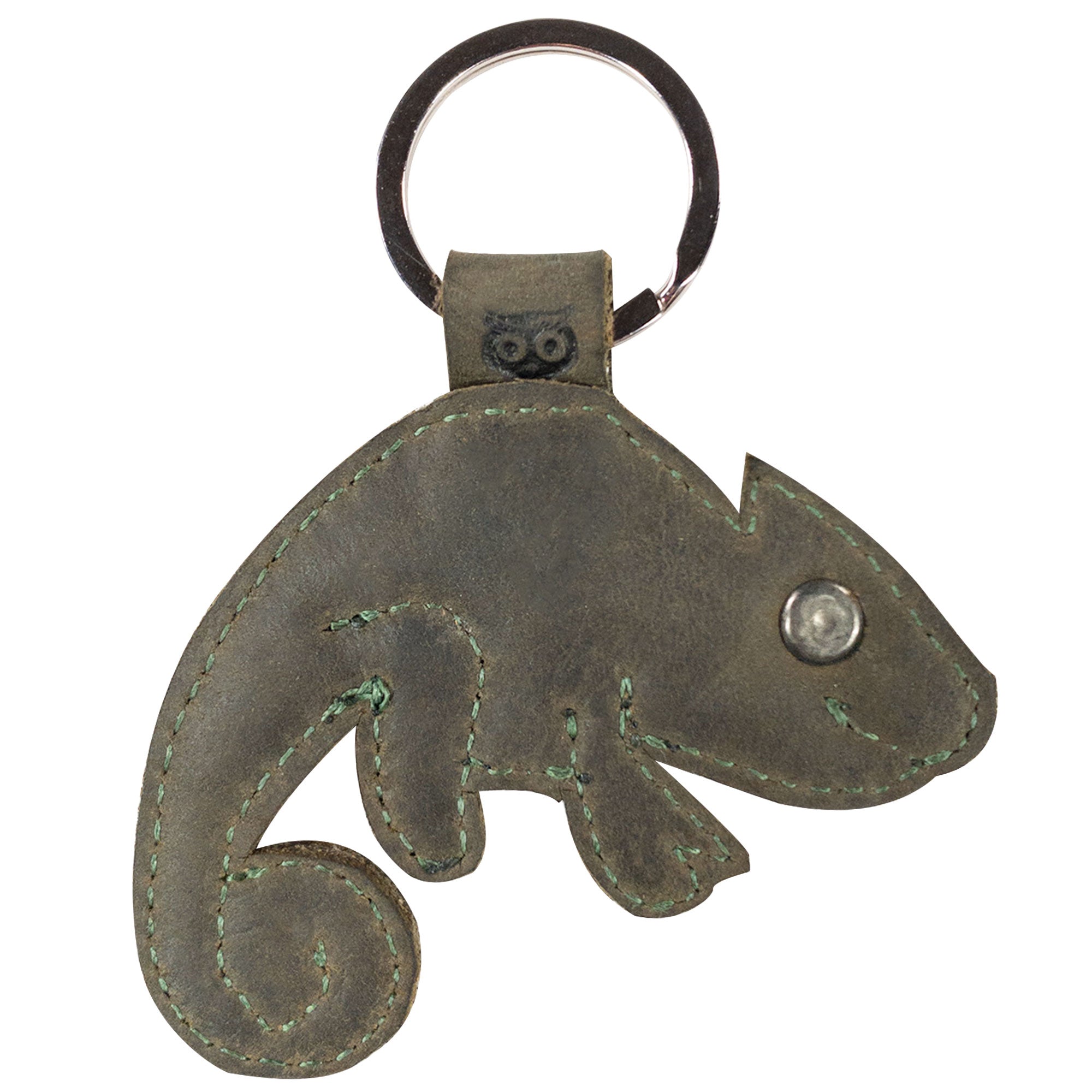 Profile shot of Hide & Drink's Chameleon Keychain, emphasizing its unique leather texture and design. A wonderful addition for any keyring, this full grain leather key holder reflects the artisan craftsmanship characteristic of small batch production in La Antigua Guatemala & Oaxaca Mexico.