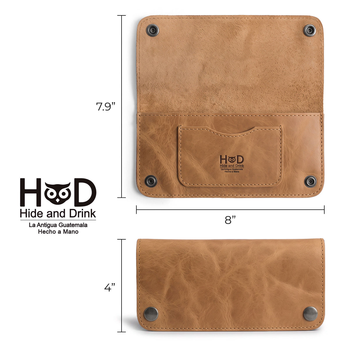 Open view of the Brown Double Snap Folio Wallet by Hide & Drink, featuring compartments for cash and cards. This wallet is crafted from full grain leather, serving as a sleek rectangular flat bill holder with card slot, perfect for anyone in need of a stylish night bag or travel accessory, handmade in La Antigua Guatemala & Oaxaca Mexico.