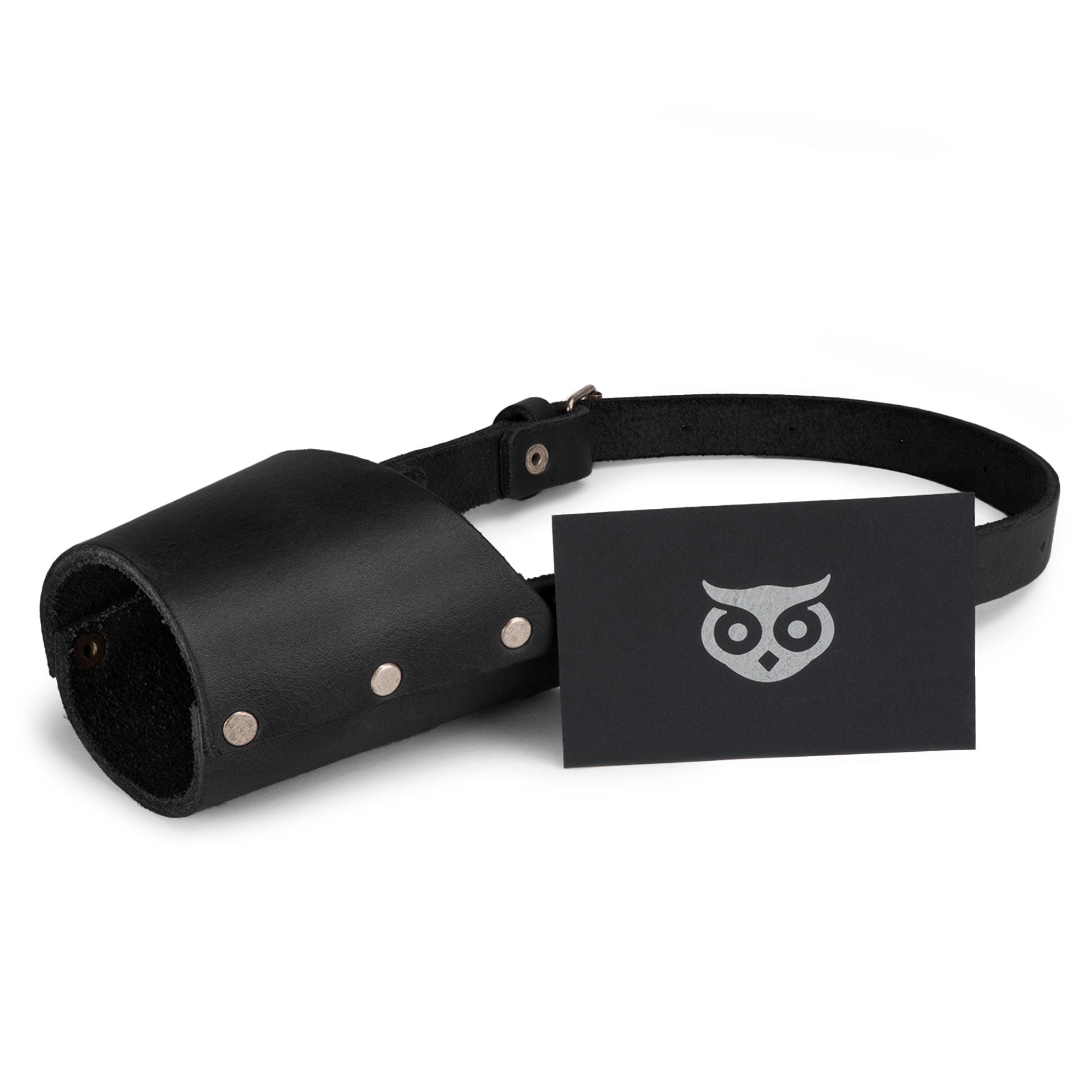 Final view of the Riveted Dog Muzzle by Hide & Drink, showcasing its secure design and artisan quality. Crafted from durable full grain leather, this muzzle guard prevents biting and chewing for all dog breeds, including Pitbulls and German Shepherds, handmade in La Antigua Guatemala & Oaxaca Mexico.