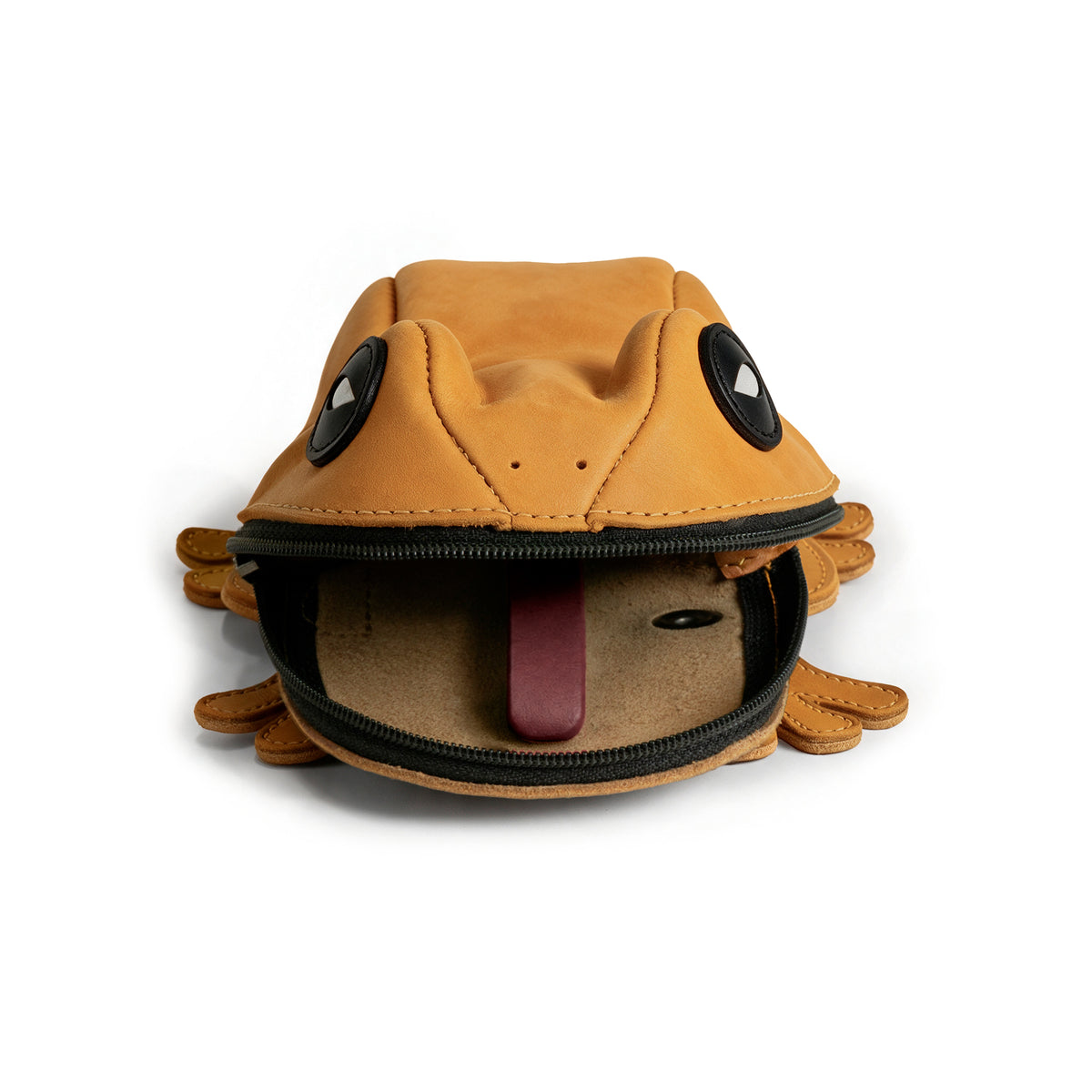 Front view of the open Tudi Frudi Frog Pouch showing its spacious interior, zipper closure, frog eyes, and tongue detail; a Frog-Shaped Pouch that serves as a Cable Organizer, Small Accessory Case, Zippered Cash Holder Wallet for Coins, and Change Purse for Pouches for Men and Women. Made with Full Grain Leather through StockyardX Small Batch Production, this Hand Cut, Hand Sewn, Fire Branded Artisan pouch is Handmade in La Antigua Guatemala & Oaxaca Mexico.