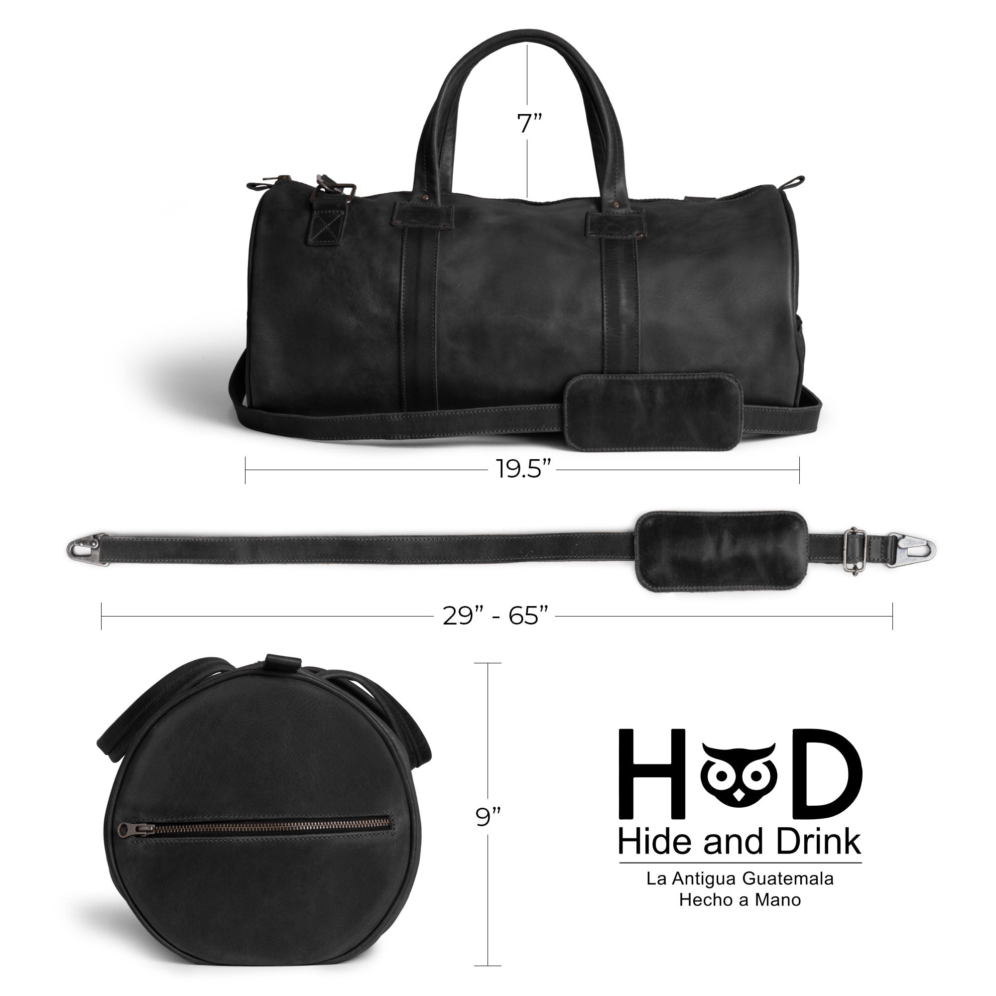 Classic Duffle Bag by Hide & Drink in dark brown leather, spotlighting stylish design with zipper closure and adjustable strap for convenience. This Full Grain Leather Classic Duffle Bag makes a great Messenger Bag for everyday use, handcrafted in La Antigua Guatemala & Oaxaca Mexico.