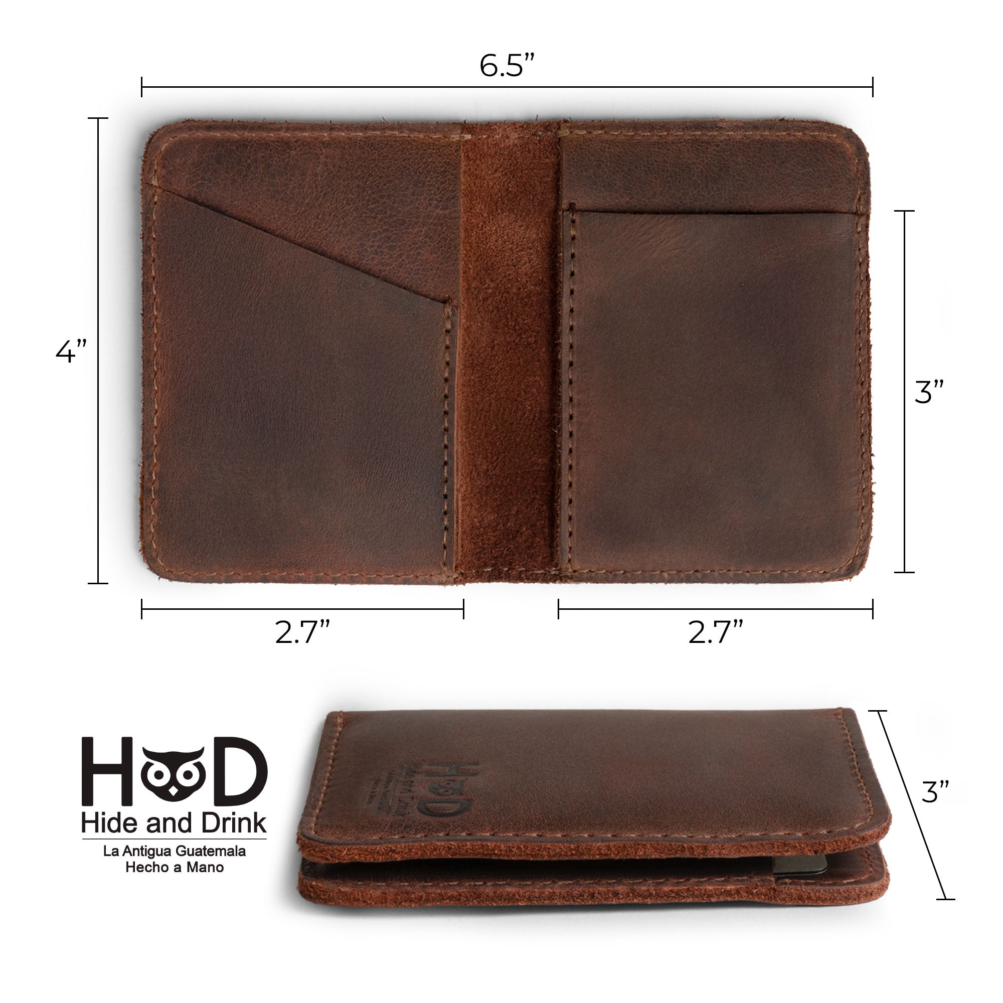 Hide & Drink Bifold Wallet with measurements included; an artisan-made, slim card holder crafted from full grain leather, perfect for those who appreciate handmade products from La Antigua Guatemala.