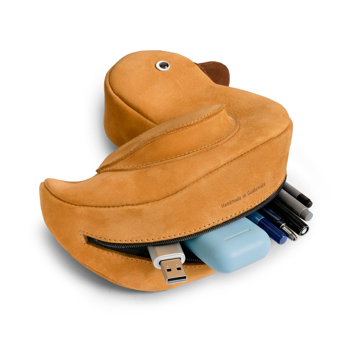 Open Tudi Frudi Leather Rubber Ducky Pouch filled with pens, USB drive, and accessories, serving as a Leather Rubber Ducky Pencil Pouch, Small Pen Organizer, Zippered Holder Wallet for Coins, Change Purse, Money Pouches for Men and Women, Saving Box, and Cable Holder; crafted from Full Grain Leather with StockyardX, Small Batch Production, Hand Cut, Hand Sewn, Fire Branded, Artisan, Handmade in La Antigua Guatemala & Oaxaca Mexico details.