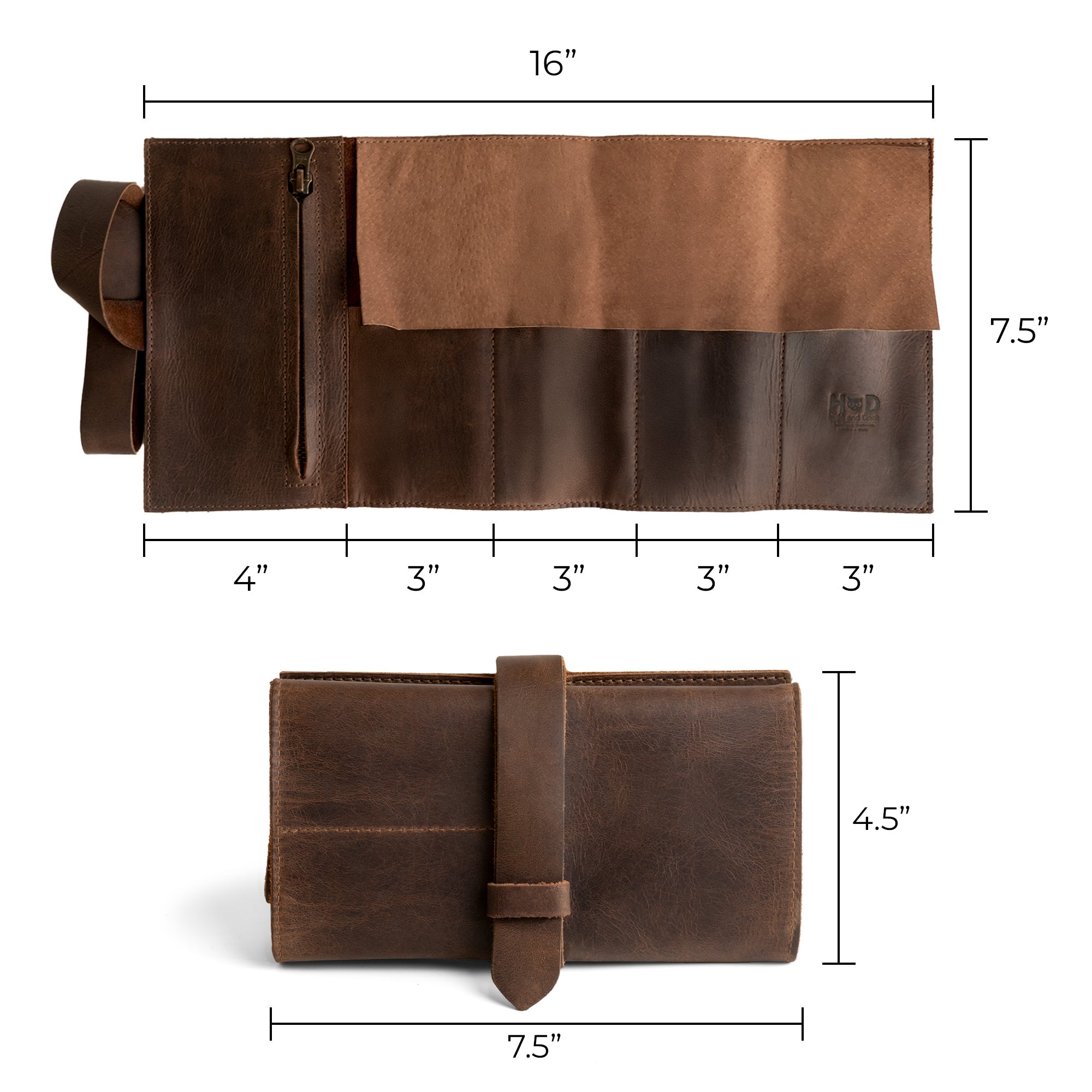 Hide & Drink Premium Watch Roll measurements displayed, emphasizing its practicality for travel. This leather organizer features a zippered pouch and is made from durable full grain leather, perfect for watch lovers and a thoughtful travel essentials gift, crafted by artisans in La Antigua Guatemala and Oaxaca Mexico.