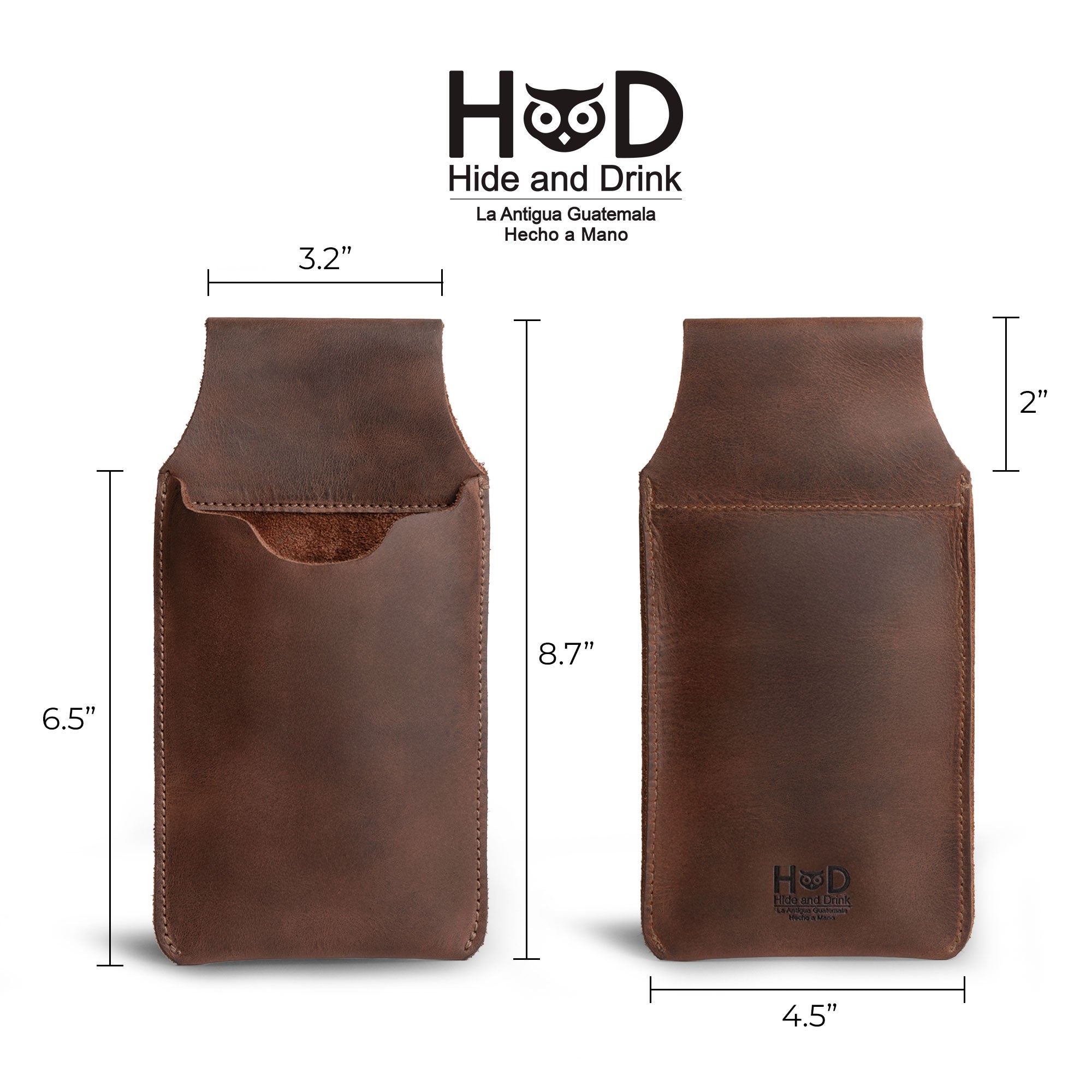 Dimensions of Hide & Drink's Waist Phone Holder displayed for customer reference. Showcasing its Full Grain Leather material, this Cellphone Sleeve with Belt Loop for Waist is an embodiment of quality craftsmanship. Handmade in La Antigua Guatemala & Oaxaca Mexico, featuring artisan techniques like hand cutting, hand sewing and fire branding.