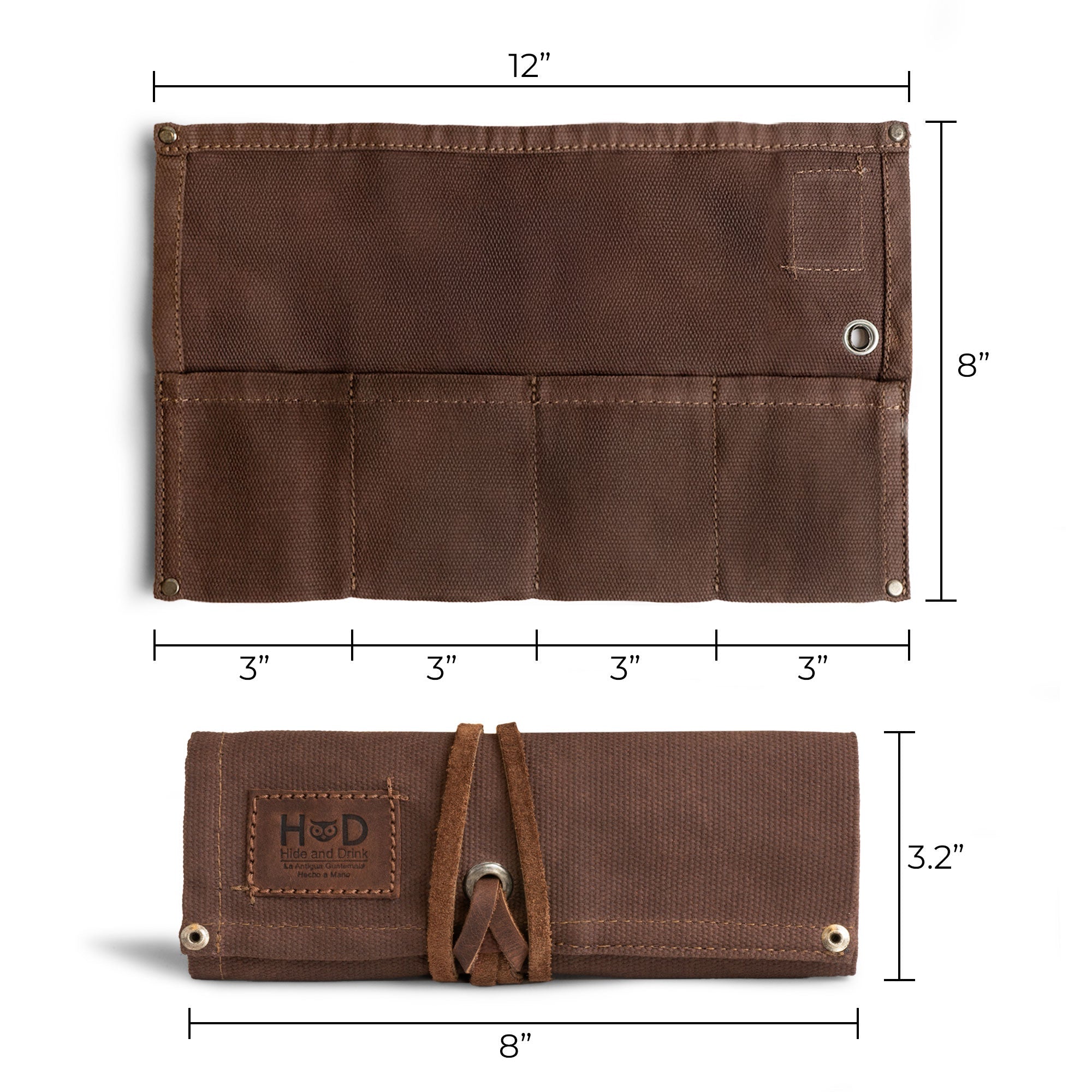 Dimensions of the Waxed Canvas Watch Roll by Hide & Drink are demonstrated, offering stylish organization for up to 4 watches. This handcrafted storage solution is perfect for travel.