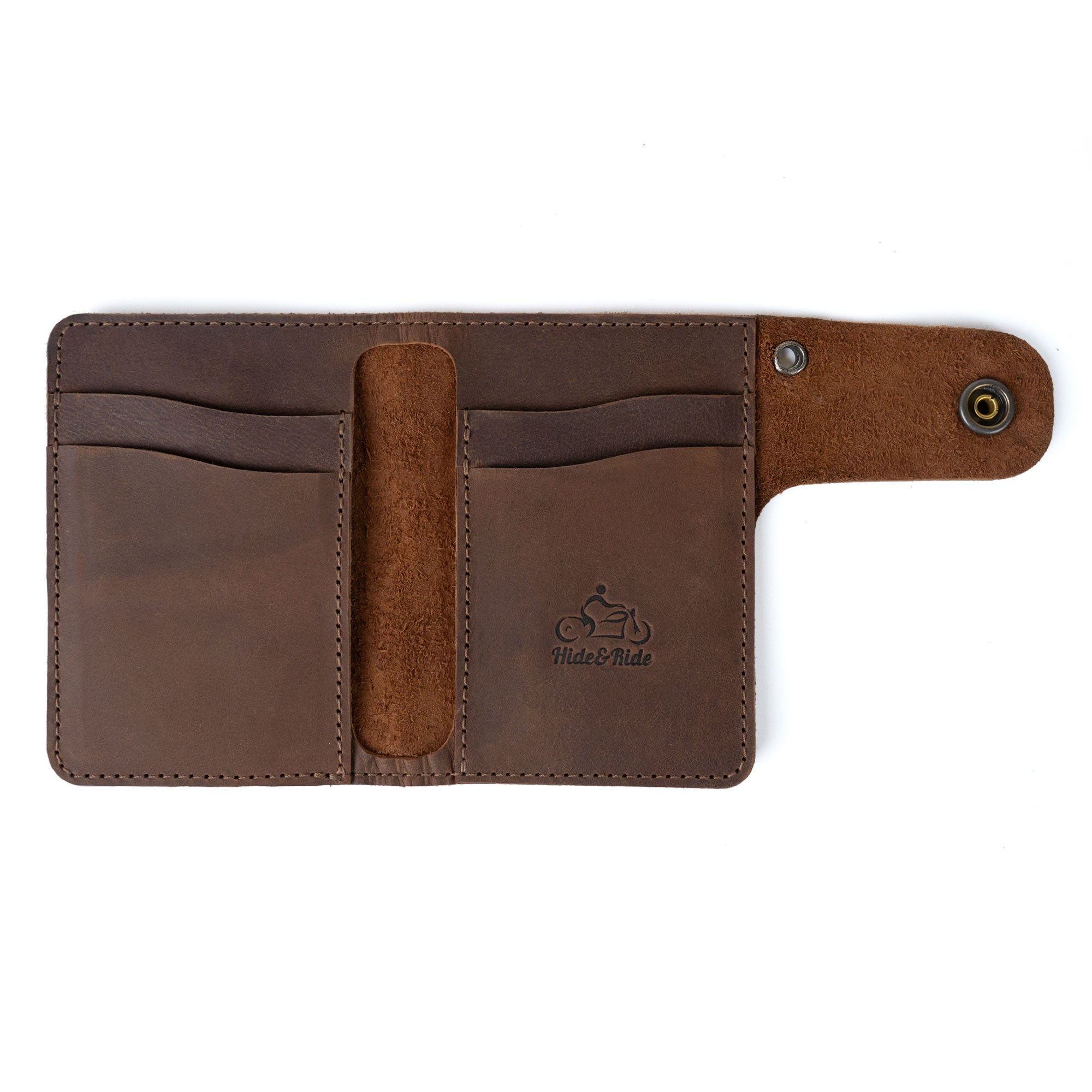 Hide & Ride Biker Wallet displayed open, highlighting its rectangular design. This compact wallet with a belt loop and strap ensures bikers have a secure card holder with a snap closure.