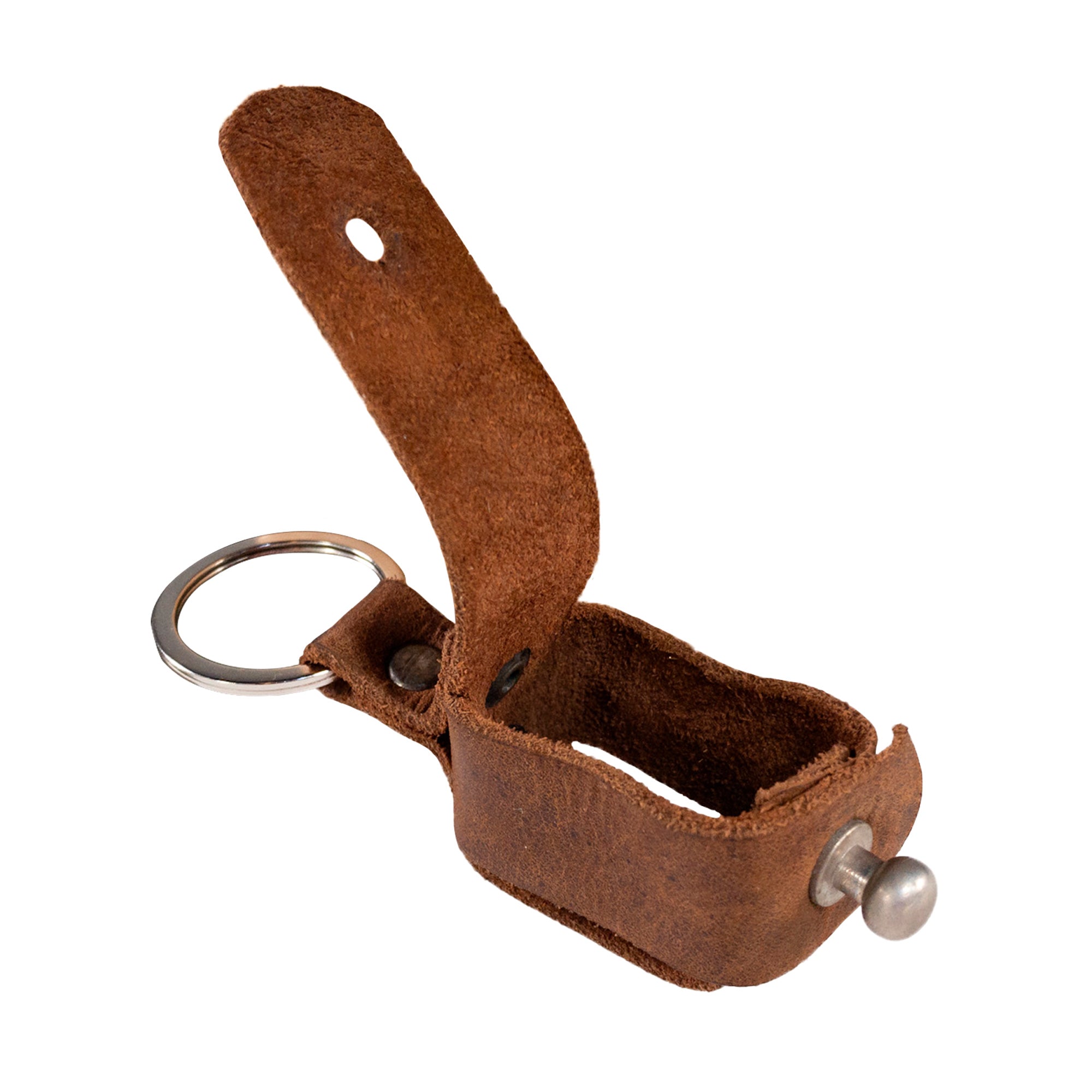 Stylish leather Measuring Tape Holder Keychain by Hide & Drink, featuring a key ring organizer design. Perfect for storing measuring tape (Tape not Included) elegantly, made from Full Grain Leather. Ideal for tailored accessories, showcasing artisan craftsmanship from small batch production, hand cut and hand sewn, featuring fire branded details, handmade in La Antigua Guatemala & Oaxaca Mexico.