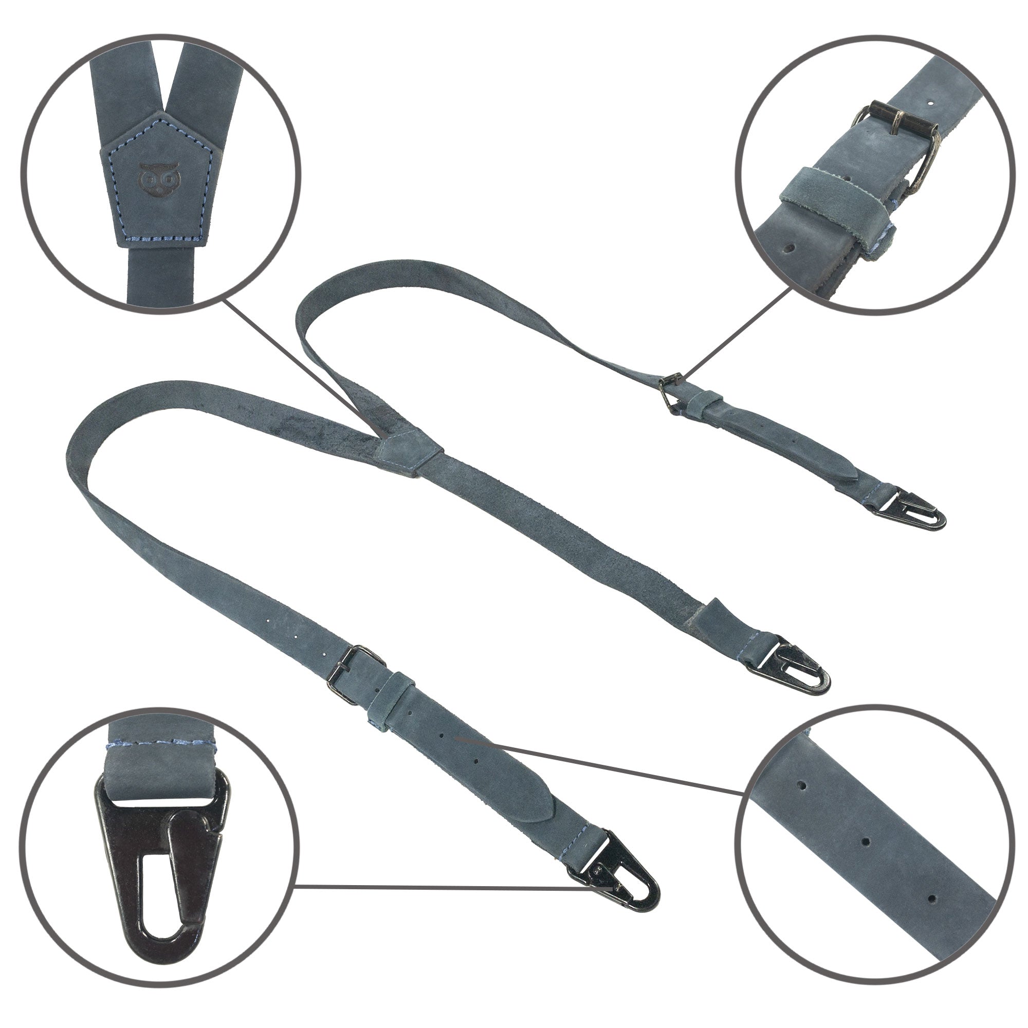 Close-up of the unique stitching and material of Hide & Drink Rustic Slim Suspenders in blue suede, showcasing artisan craftsmanship. Ideal for formal occasions such as weddings.