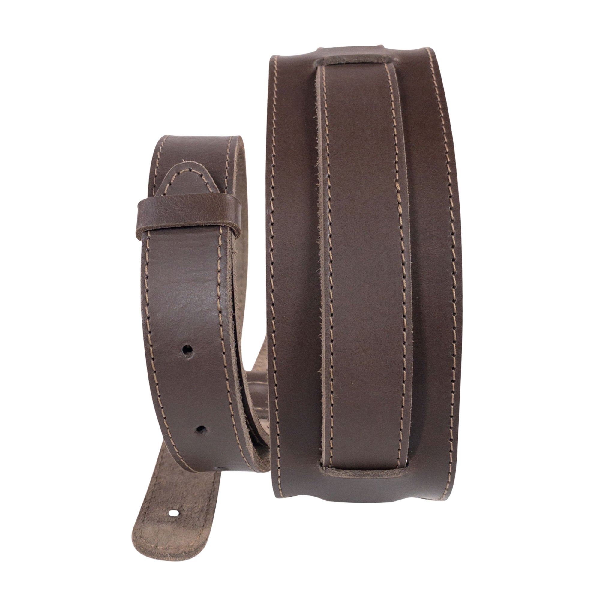 Close-up view of the tocame Adjustable Guitar Strap highlighting the detailed stitching and robust full grain leather. This strap, ideal for musicians, is a product of artisan craftsmanship from small batch production.