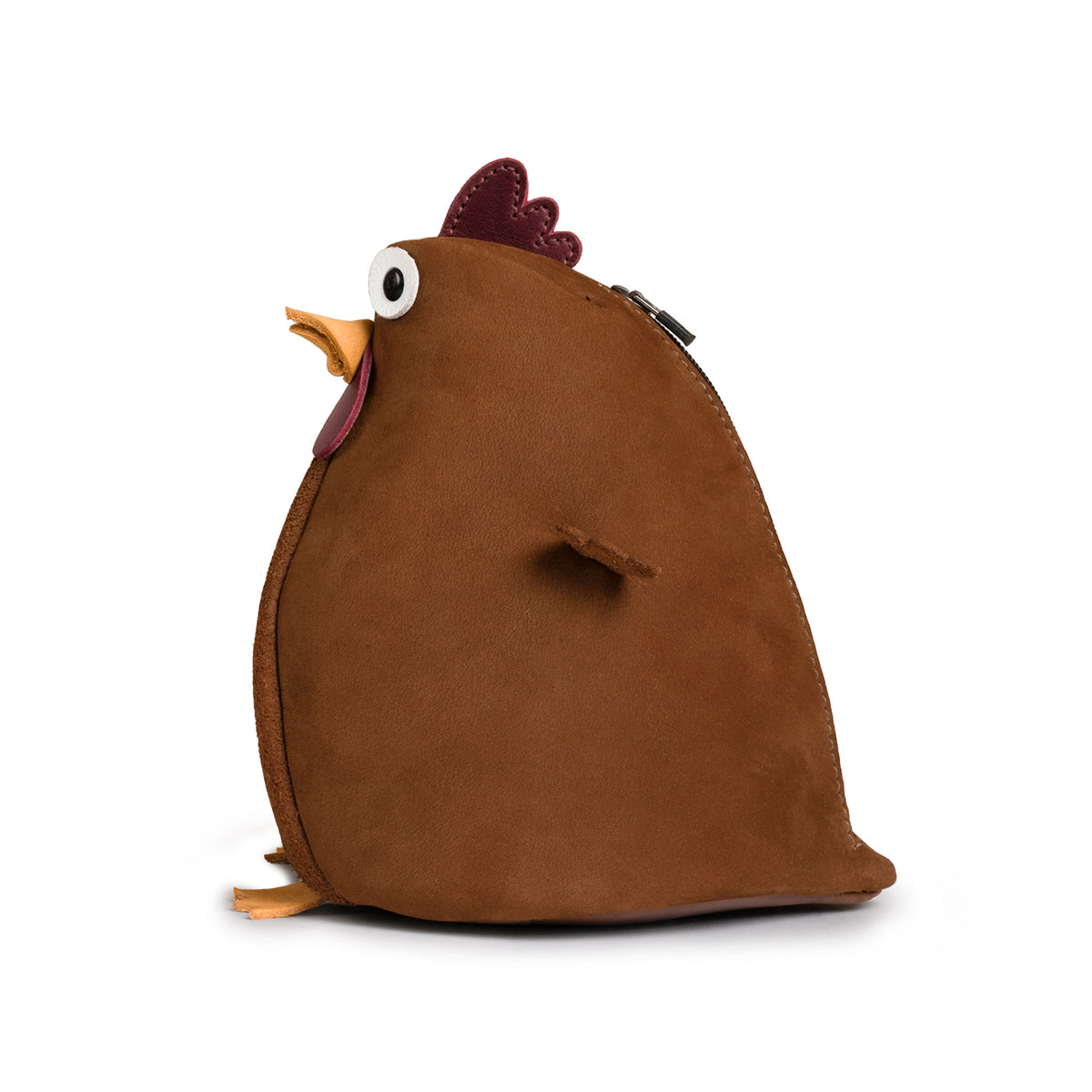 Rear view of the brown Tudi Frudi Leather Chubby Chicken Pouch with a secure zippered edge. This Leather Chubby Chicken Pouch Coin Purse is made from Full Grain Leather and works as a Small Charger Cable Holder, Change Bag, Scissors Case, Travel Zippered organizer, and Purses & Pouches for Cash accessory. StockyardX makes it with Small Batch Production, Hand Cut, Hand Sewn, Fire Branded, Artisan craftsmanship, Handmade in La Antigua Guatemala & Oaxaca Mexico.