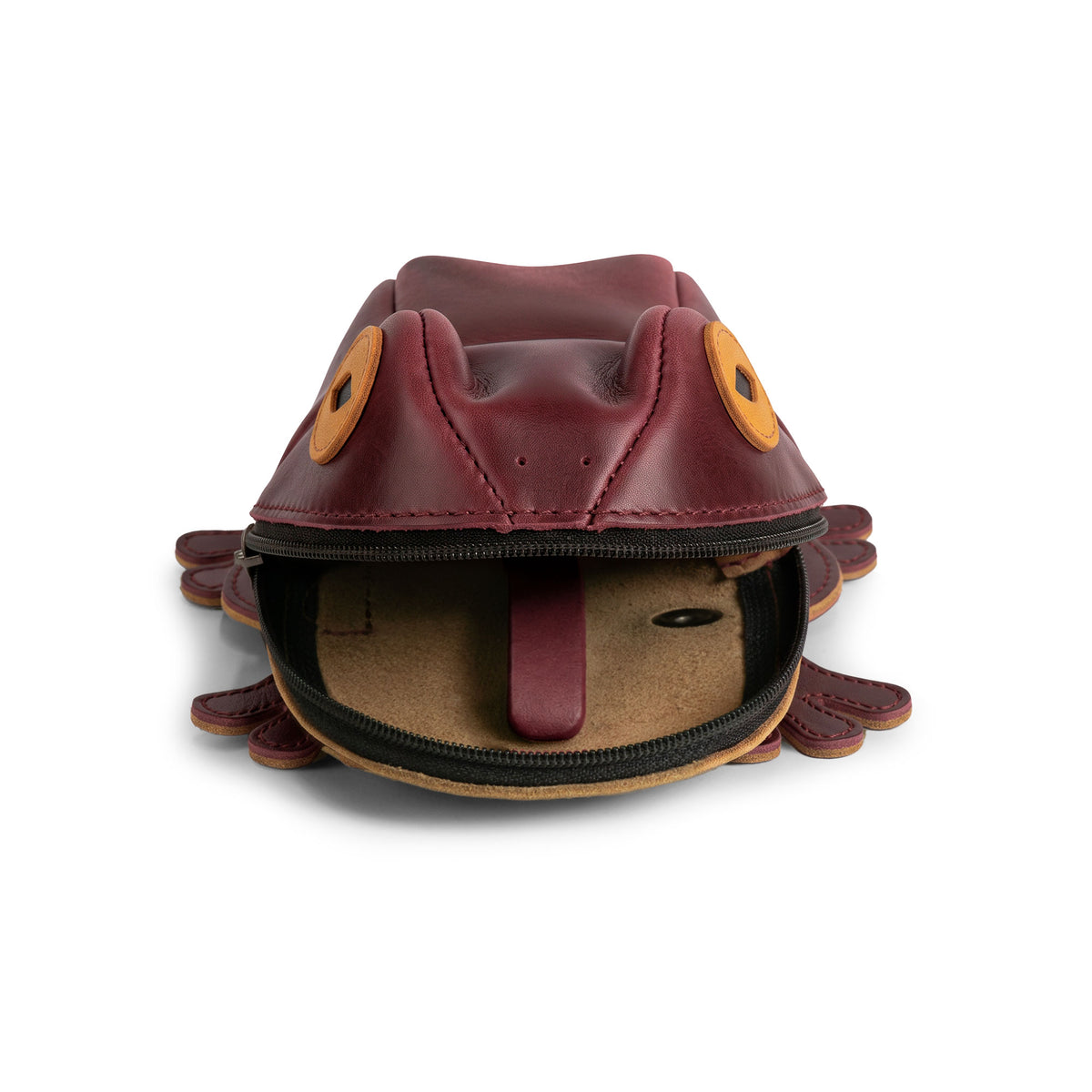 Front view of the open Tudi Frudi Frog Pouch displaying its roomy interior and playful frog details. This Frog-Shaped Pouch works as a Cable Organizer, Small Accessory Case, Zippered Cash Holder Wallet for Coins, and Change Purse, made from Full Grain Leather for Pouches for Men and Women. StockyardX Small Batch Production, Hand Cut, Hand Sewn, Fire Branded, Artisan craftsmanship, Handmade in La Antigua Guatemala & Oaxaca Mexico.