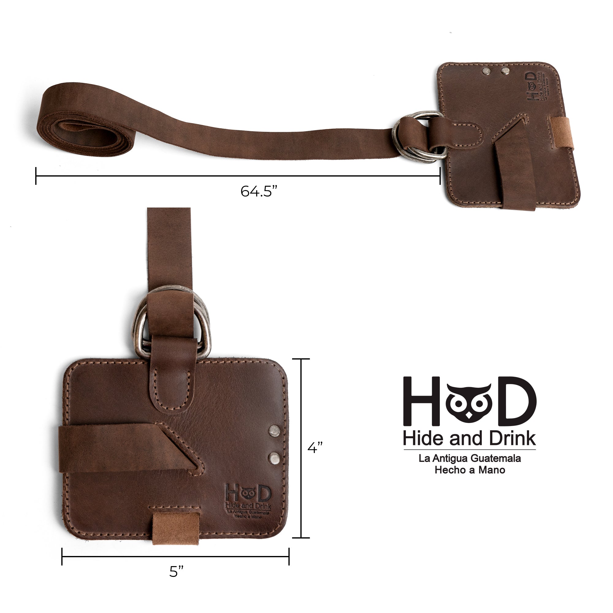 Detailed specifications for the Hide & Drink Book Strap Carrier, showing dimensions and features. This artisan product is crafted from Full Grain Leather, perfect for stylish book carrying thanks to its handmade quality from La Antigua Guatemala.