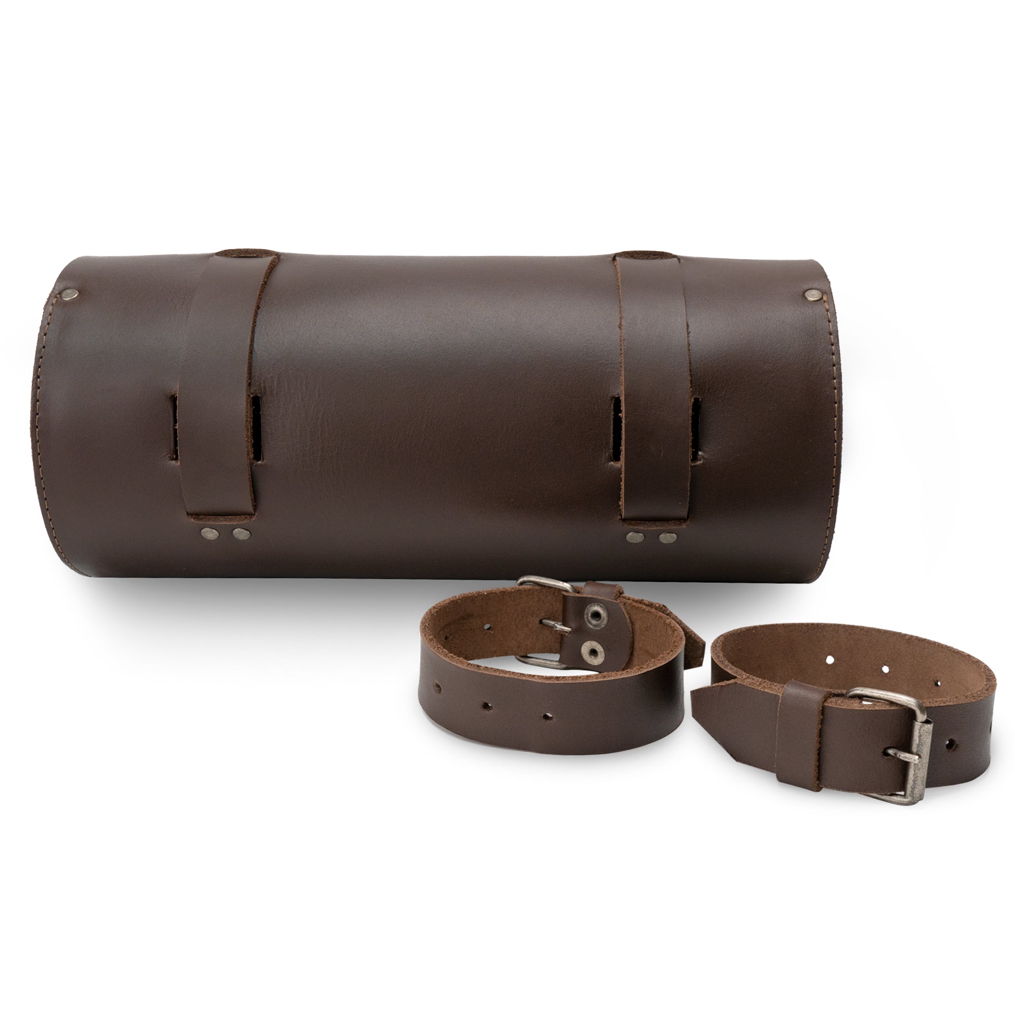 Cylinder Tool Roll for Motorcycle by Hide & Ride, displaying its interior and included straps. This full grain leather tool roll serves as an ideal Circular Motorcycle Tool Bag, showcasing its functionality as a universal saddlebag for motorcycle enthusiasts. It's handmade and fire branded in La Antigua Guatemala.