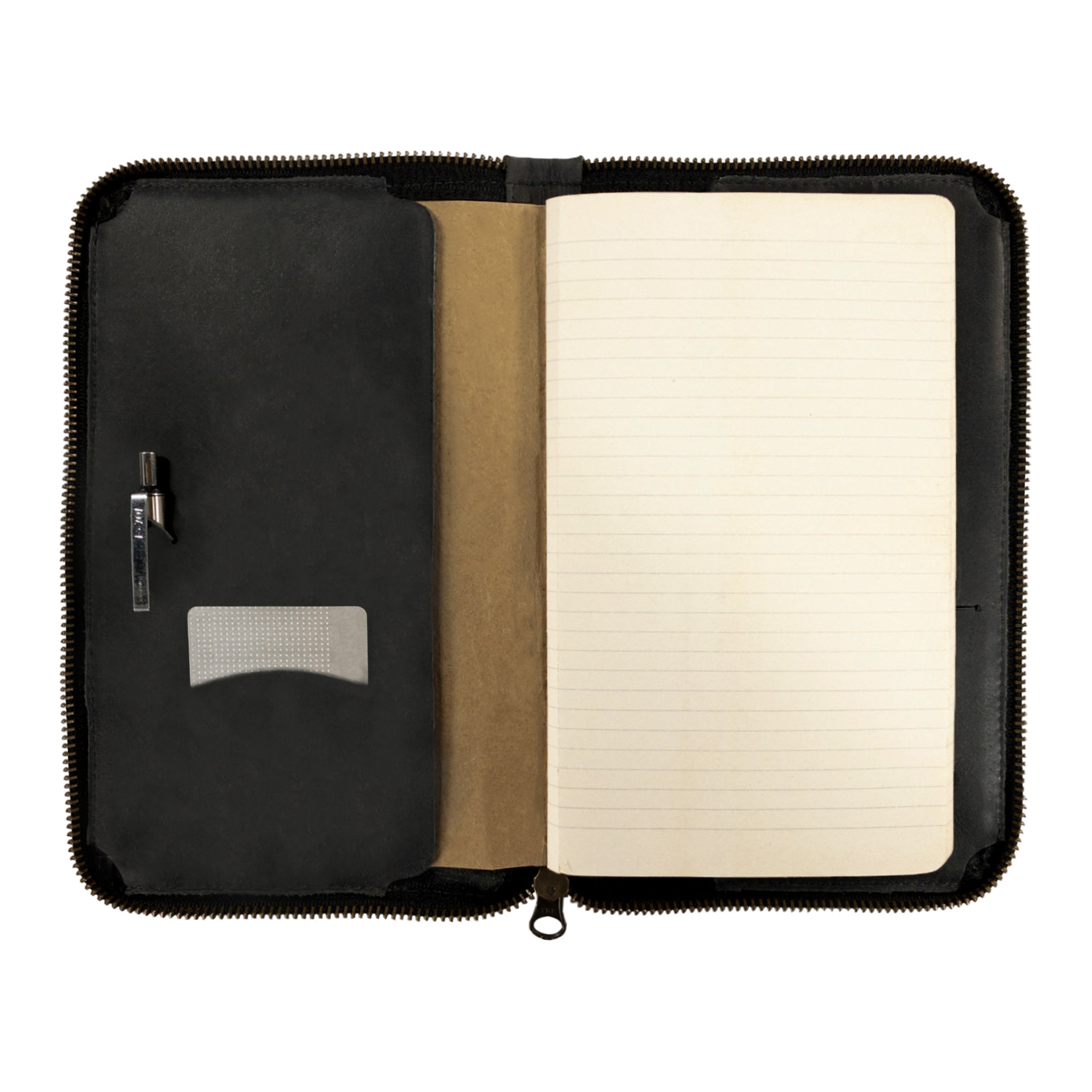 Hide & Drink Zippered Journal Cover for Moleskine (Notebook NOT Included) on a flat surface, demonstrating its high-quality leather and craftsmanship.