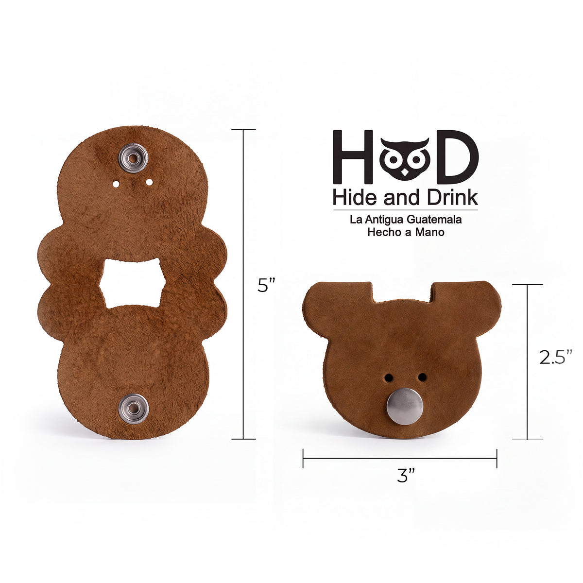 Dimensions and details of a Bear Shaped Cord Keeper (Cord Clam) by Hide & Drink, highlighting the quality Full Grain Leather craftsmanship. Handmade in La Antigua Guatemala & Oaxaca Mexico, representing artisan small batch production.