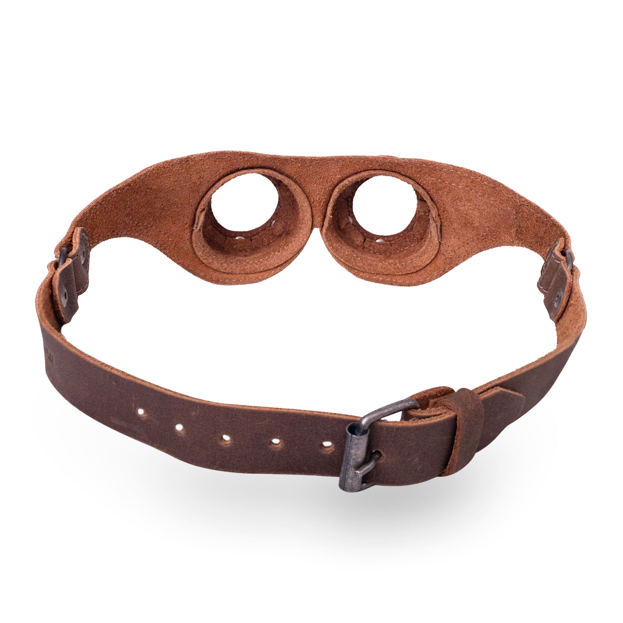 Back view of the Riveted Steampunk Goggles by Hide & Play, illustrating the adjustable strap made of full grain leather for a comfortable fit. Ideal as mad scientist goggles, these handmade accessories are a testament to quality craftsmanship from La Antigua Guatemala.