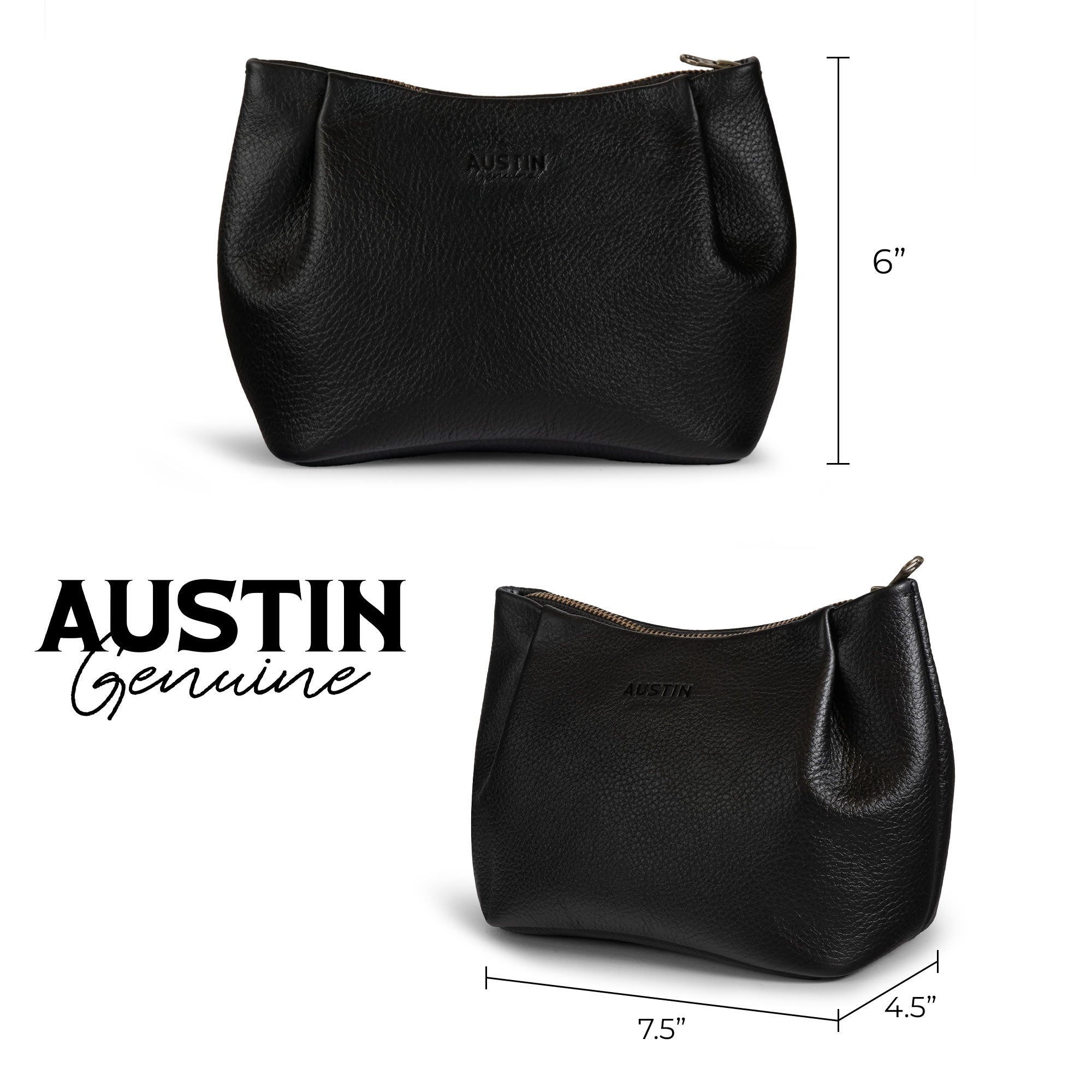 Austin Genuine The Kinney Beauty Bag black leather pouch shown with its 6-inch height and compact design, crafted with The Kinney Beauty Bag Full Grain Leather, StockyardX, Small Batch Production, Hand Cut, Hand Sewn, Fire Branded, Artisan, Handmade in La Antigua Guatemala & Oaxaca Mexico techniques.
