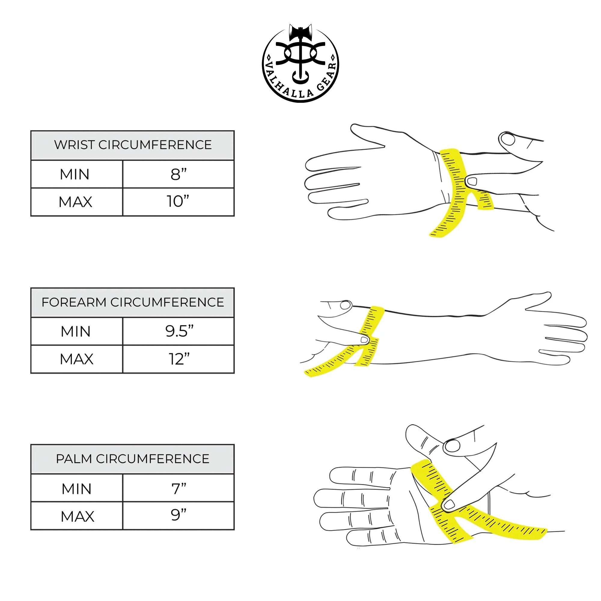 Size guide for Valhalla Gear Welding Formarm Protector, detailing measurements for wrist, forearm, and palm circumferences. This essential information helps ensure a perfect fit for this artisan-crafted protective glove, a favorite among blacksmith accessories.