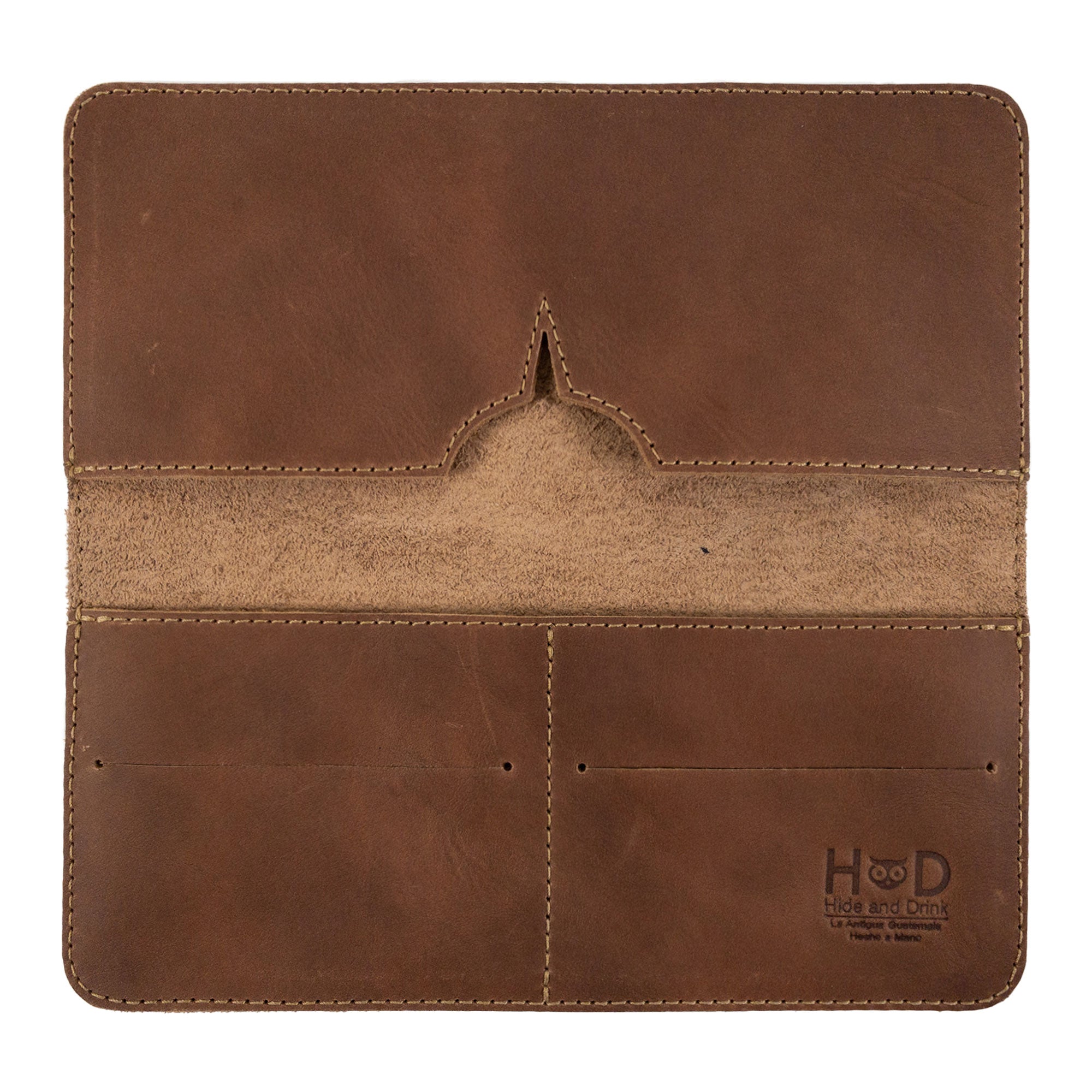 Open rustic bifold wallet for cellphone by Hide & Drink, displaying card slots and cash compartments. This Bifold Wallet for Cellphone features high-quality Full Grain Leather, blending functionality and artisan design. Experience small batch production craftsmanship from La Antigua Guatemala & Oaxaca Mexico.