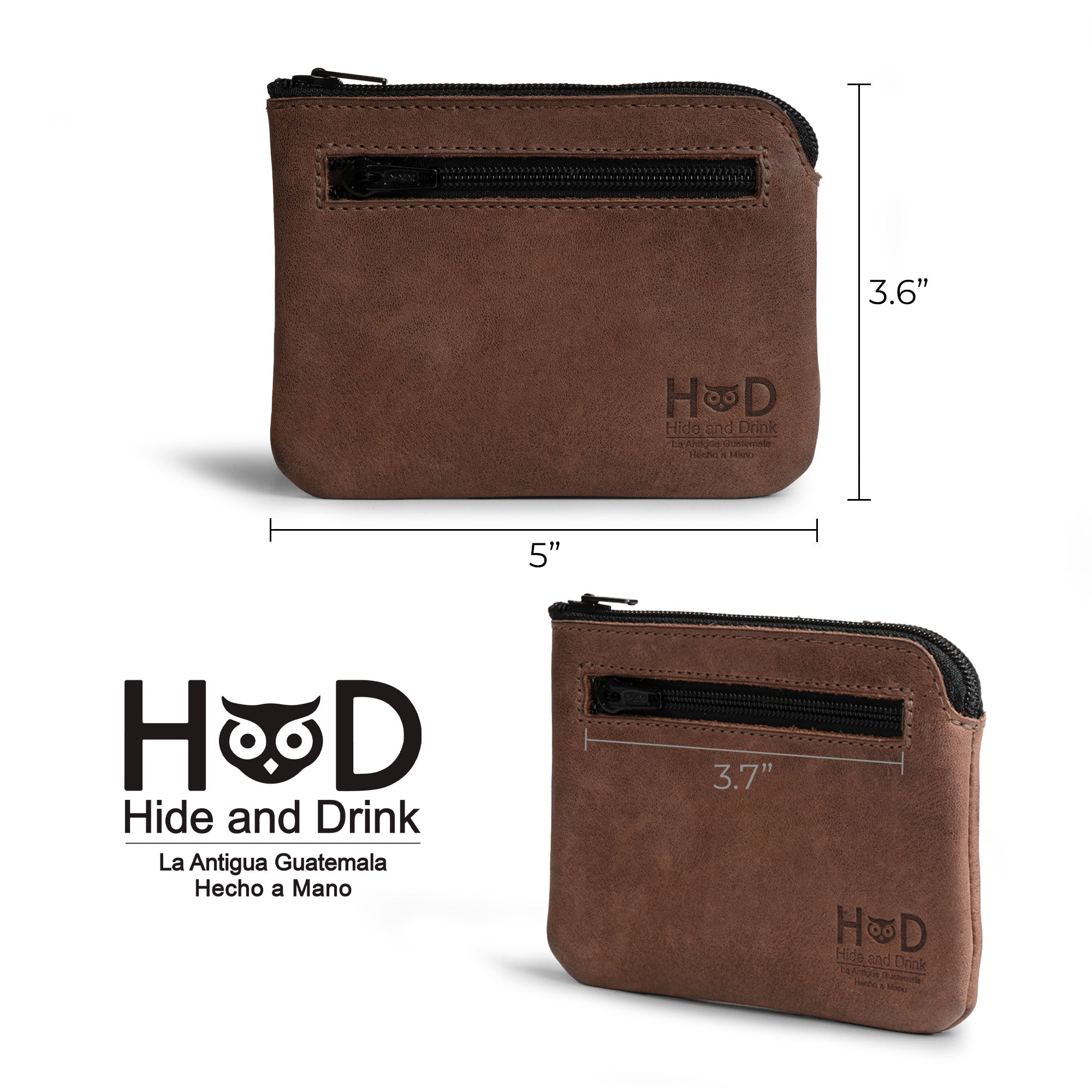 Featuring the dimensions of the Double Wallet Coin Pouch by Hide & Drink, this image illustrates its practicality alongside the beauty of Full Grain Leather. The pouch is a testament to artisan skill, exemplifying small batch production with hand cut and hand sewn craftsmanship, and a fire branded finish, handmade in La Antigua Guatemala & Oaxaca Mexico.