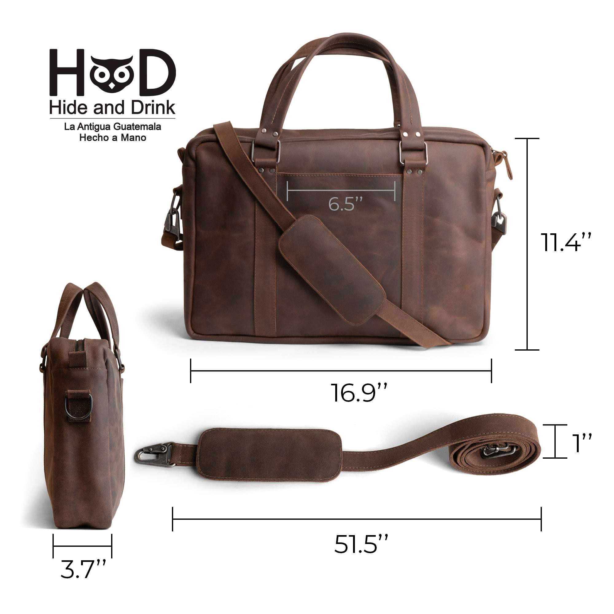 Dimensions of the Classic Leather Briefcase by Hide & Drink, highlighting its spacious structure ideal for everyday use. This Full Grain Leather messenger bag features an adjustable shoulder strap and is lined with water resistant canvas, perfect for carrying a laptop. Handmade and fire branded, this artisan briefcase is a testament to craftsmanship made in La Antigua Guatemala.