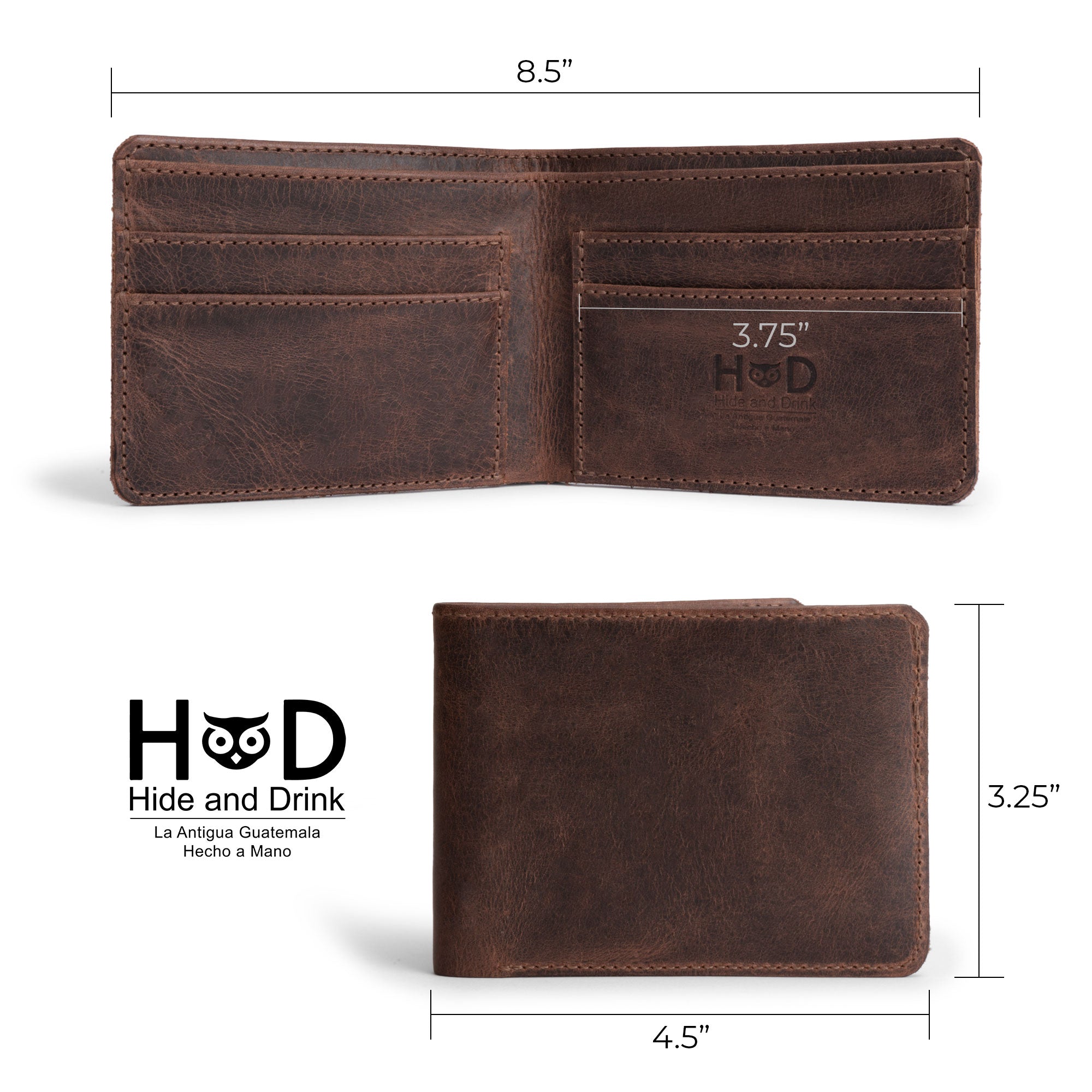 Dimensions of Hide & Drink's Bifold Wallet displayed to emphasize its compactness. This Slim Bifold Wallet is a classic billfold that stores money, cards, and is a perfect travel accessory, made from high-quality full grain leather and artisan handmade in La Antigua Guatemala & Oaxaca Mexico.
