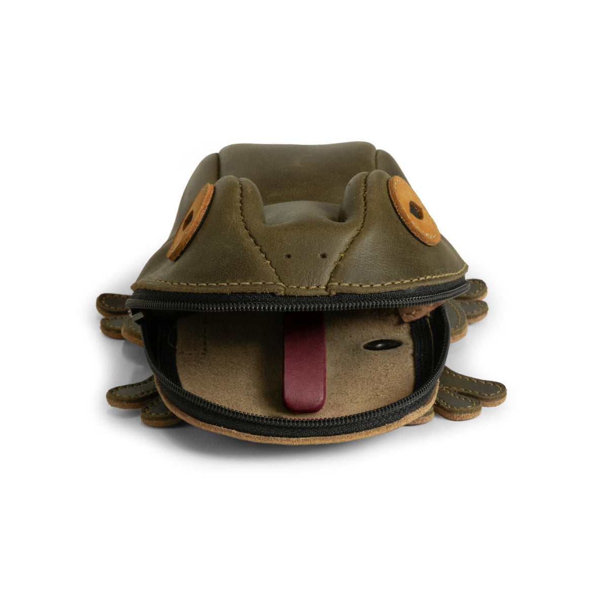 Top view of Tudi Frudi's Frog Pouch, featuring a playful frog shape. This unique zippered cash holder wallet is crafted from premium full grain leather, perfect as a change purse or pouches for men and women, proudly made in La Antigua Guatemala & Oaxaca Mexico.