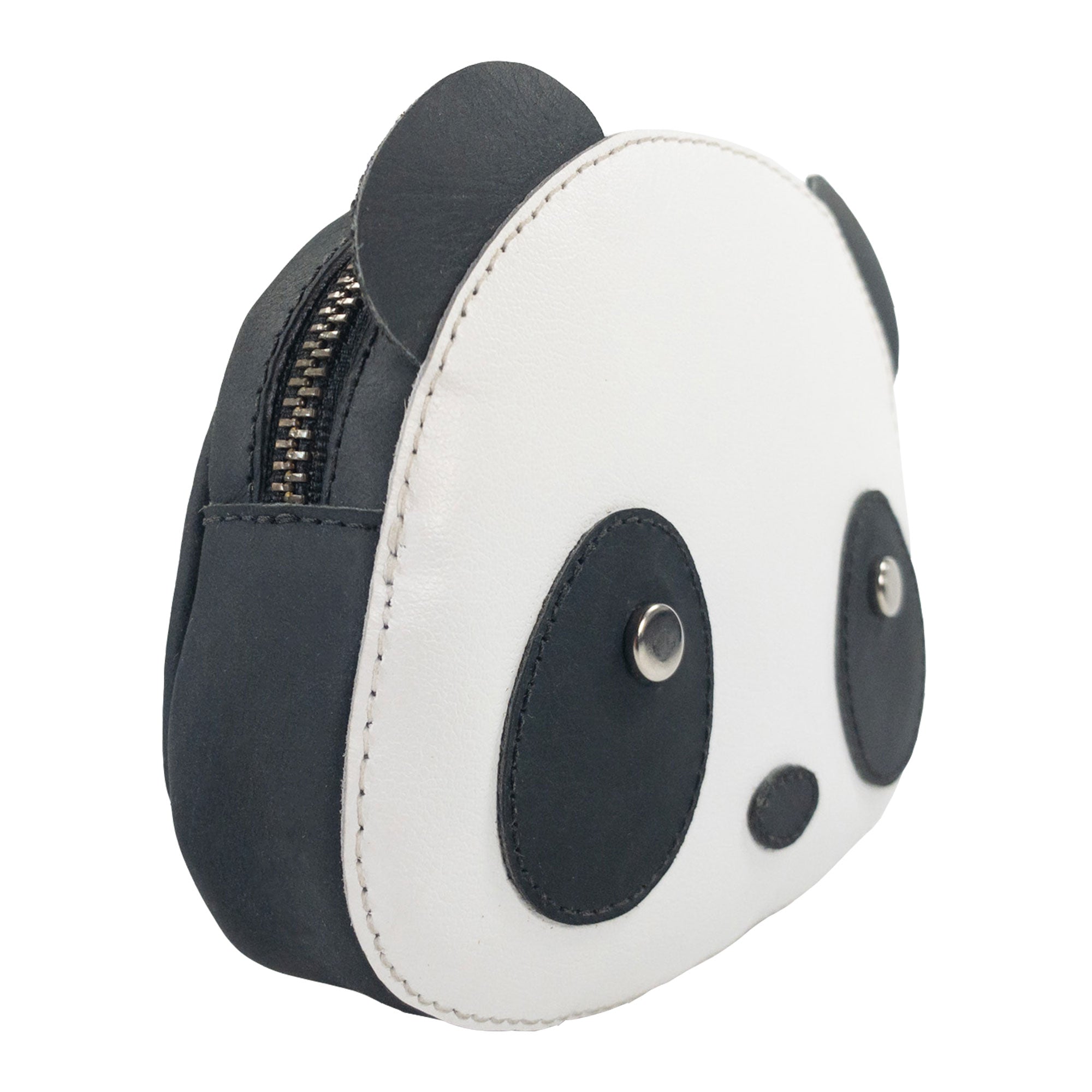 Close-up side angle of the Panda Head Shape Wallet by Hide & Drink, featuring its charming panda face. This wallet is designed for cash, cables, cards, and travel accessories, made from durable Full Grain Leather, embodying artisanal excellence through hand cut, hand sewn techniques, fire branded and crafted in La Antigua Guatemala & Oaxaca Mexico.