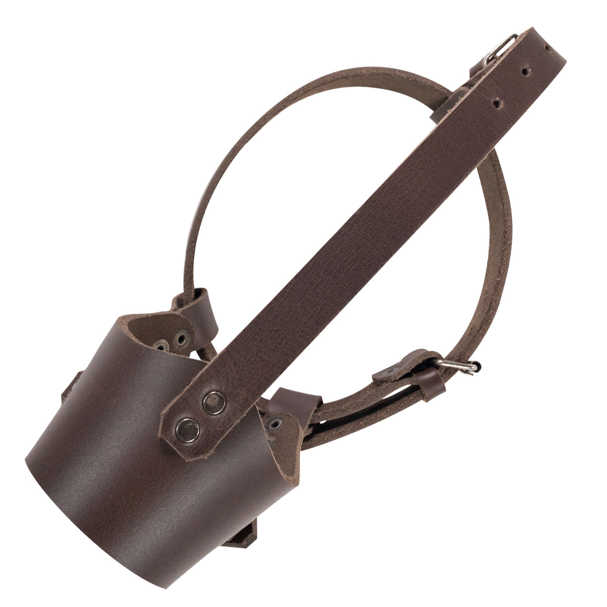 Another angle of the Anti Bite Dog Muzzle by Taco Dog, illustrating its rustic charm and adjustable straps for secure training use. Crafted from full grain leather, this mouth guard mask effectively prevents biting and chewing and embodies small batch production with hand cut and hand sewn artistry in La Antigua Guatemala & Oaxaca Mexico.