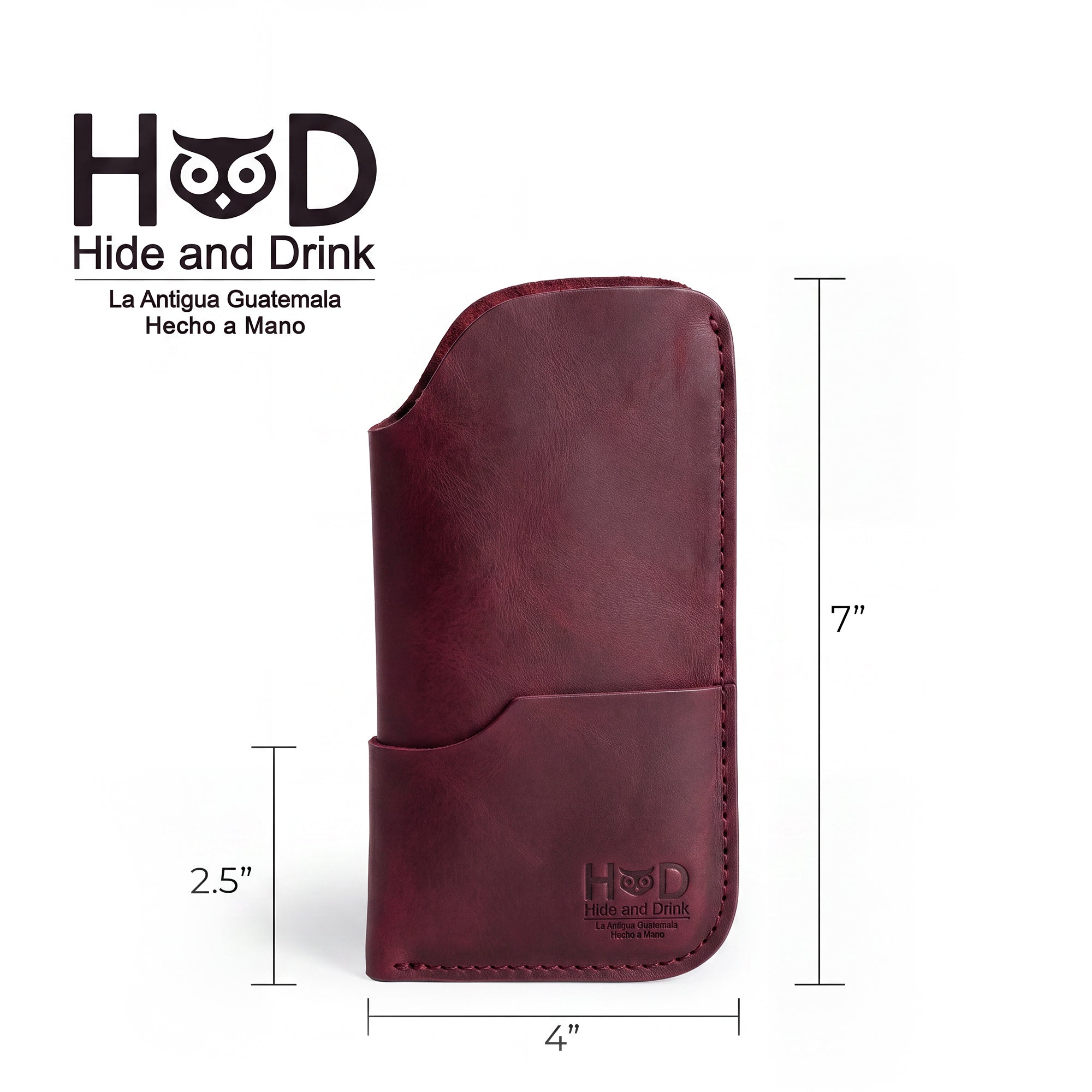 Dimensions highlighting the Hide & Drink Sunglass Case & Wallet, demonstrating its portability. This Rustic Sunglasses Case & Wallet made from Full Grain Leather is a must-have eyeglasses protector for travel, crafted in La Antigua Guatemala & Oaxaca Mexico.