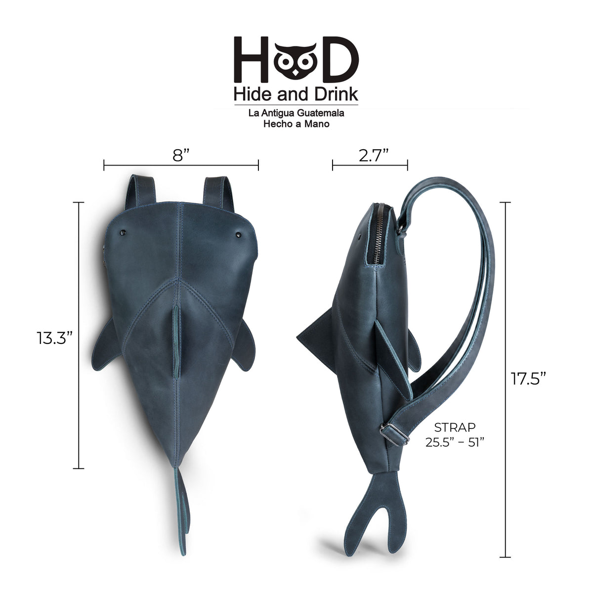 Hide & Drink Leather Shark Backpack (Megalodon) shown with size measurements, adjustable strap range, zipper compartment, and distinctive shark tail. Leather Shark Backpack (Megalodon), Casual Bag, Messenger Bag, Travel Bag for Men and Women, Full Grain Leather, StockyardX, Small Batch Production, Hand Cut, Hand Sewn, Fire Branded, Artisan, Handmade in La Antigua Guatemala & Oaxaca Mexico.