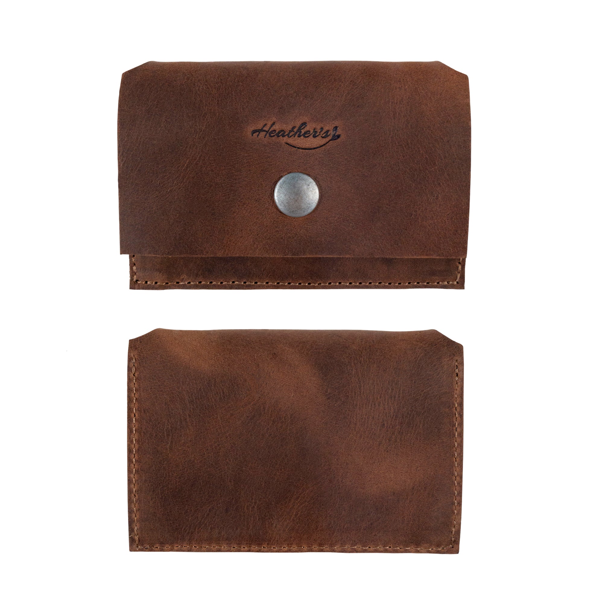 Heather's Mini Purse Wallet shown both closed and open, demonstrating its compact design and functionality as a Mini Wallet Purse with Strap. This full grain leather card holder and money organizer is expertly crafted through small batch production processes, hand cut and sewn for durability by artisans in La Antigua Guatemala.