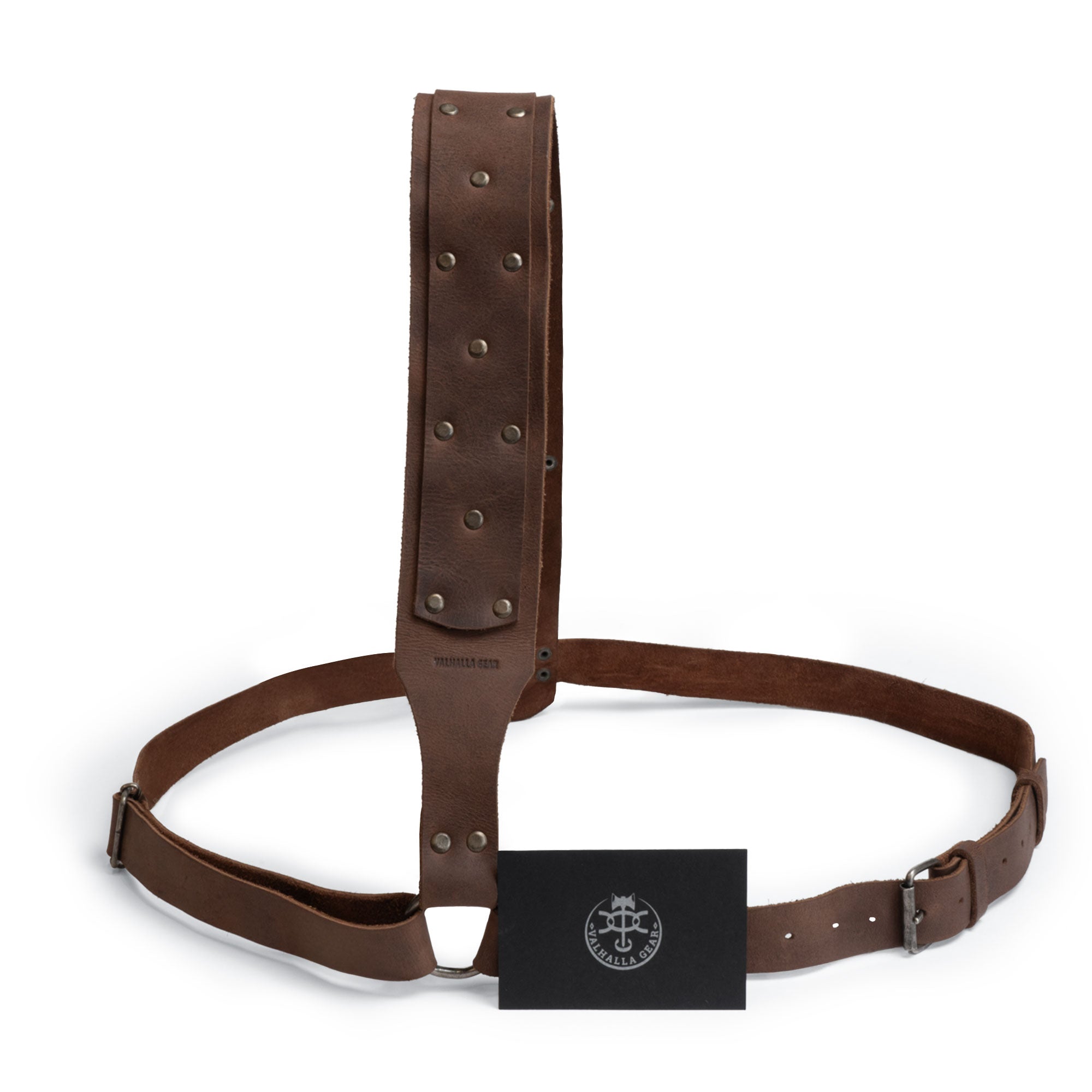 The Medieval Back Sword Shoulder Frog by Valhalla Gear, displayed with a tag highlighting its artisan quality, featuring full grain leather construction, making it perfect for Renaissance sheath holster, knight cosplay, and warrior costumer, handmade in La Antigua Guatemala.