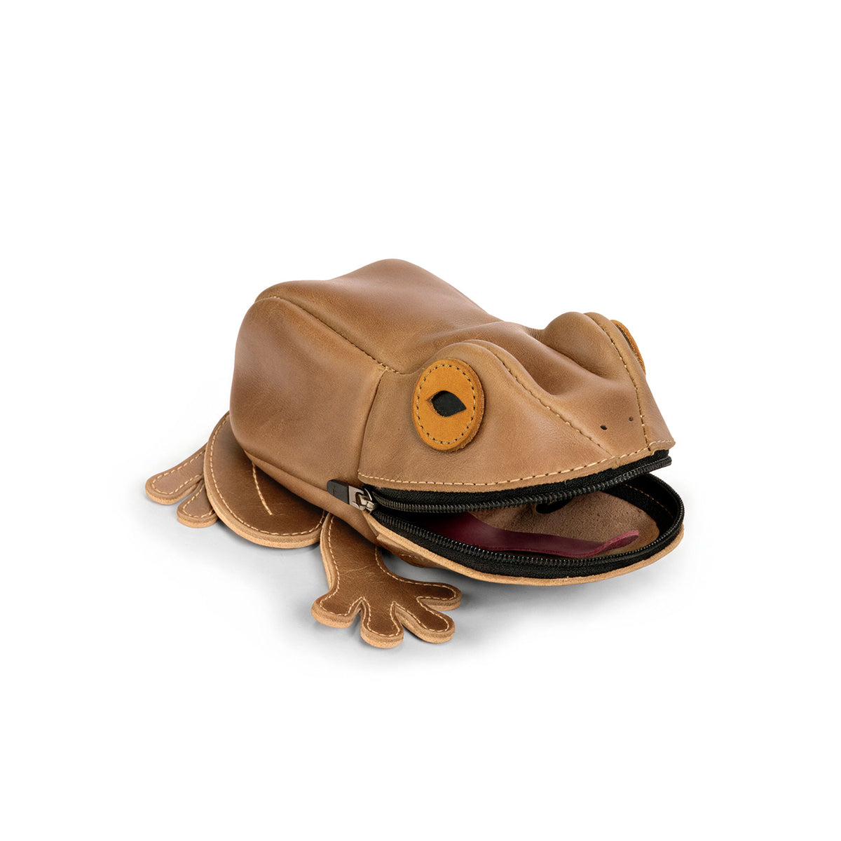 Side view of the open Tudi Frudi Frog Pouch showing its roomy zippered interior and frog feet, ideal as a Frog-Shaped Pouch, Cable Organizer, Small Accessory Case, Zippered Cash Holder Wallet for Coins, and Change Purse for Pouches for Men and Women; crafted from Full Grain Leather by StockyardX through Small Batch Production, Hand Cut, Hand Sewn, Fire Branded, Artisan, Handmade in La Antigua Guatemala & Oaxaca Mexico.