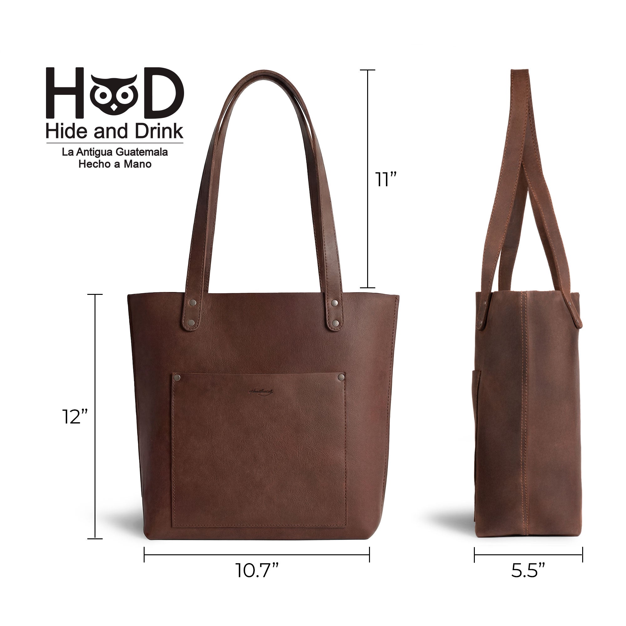 Heather's Minimalist Tote Bag With Pouch displayed with dimensions highlighted, emphasizing its practical design. This Classic Tote Bag Shoulder Bag for Women with Pouch is made from high-quality full grain leather through artisan craftsmanship in La Antigua Guatemala.